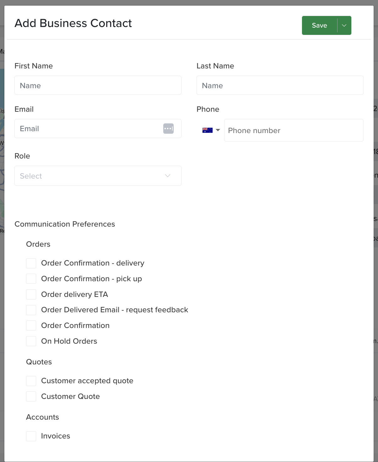 Add Business Contact — details and communication preferences