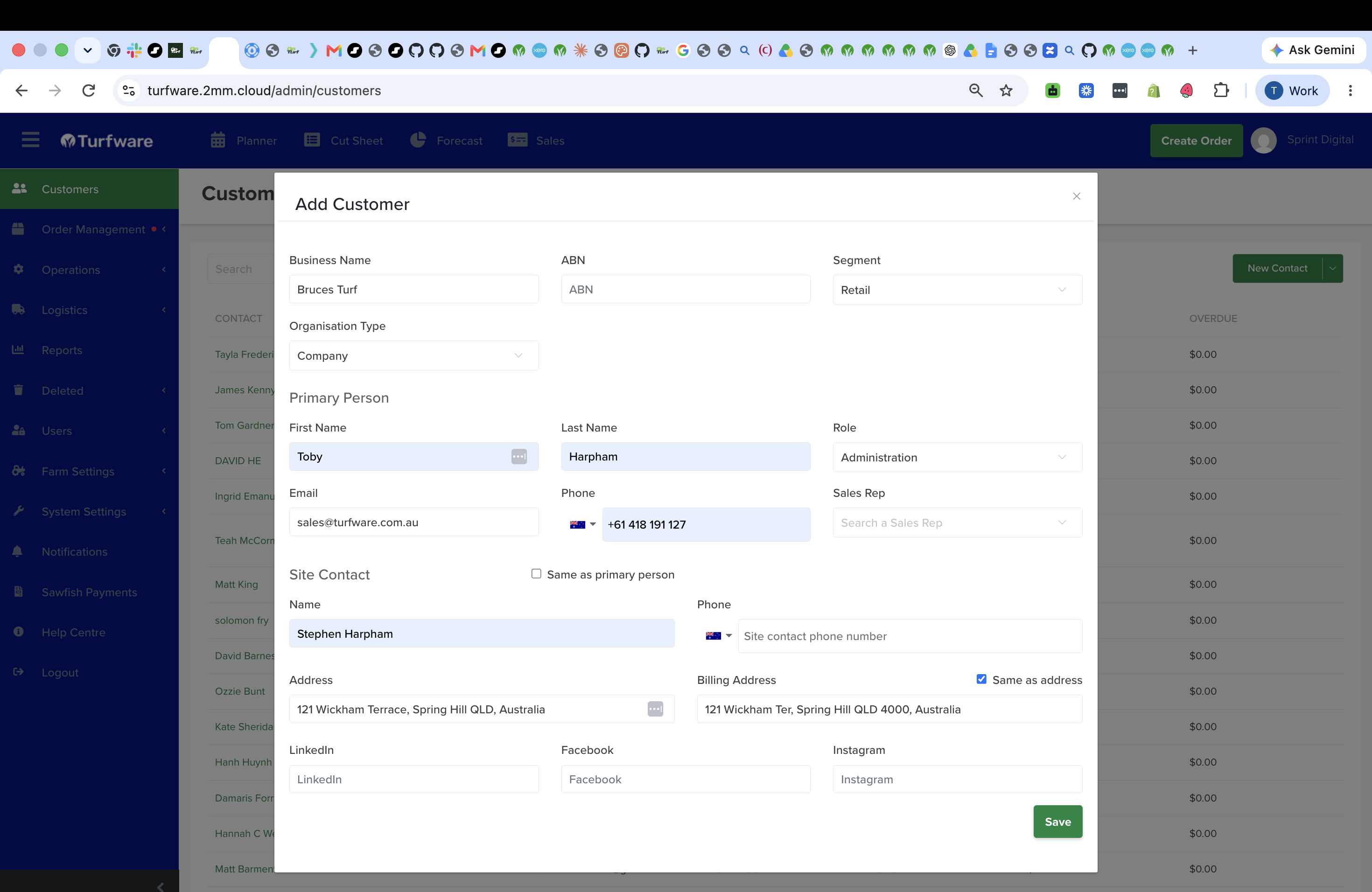 Add Customer — Business Name, ABN, Segment, Organisation Type, primary person and site contact