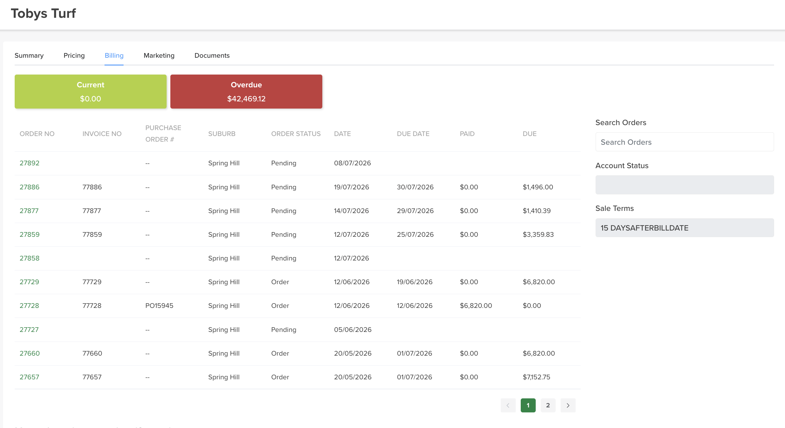 Billing — current and overdue balances, and every order