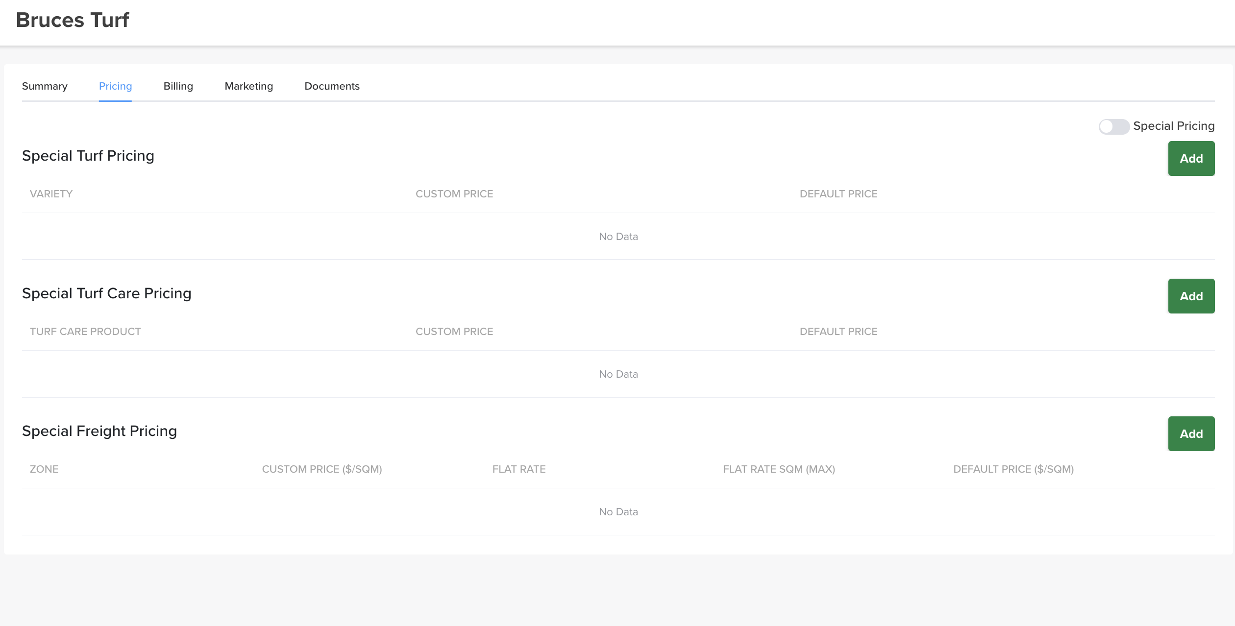 Pricing tab — special turf, turf care and freight pricing