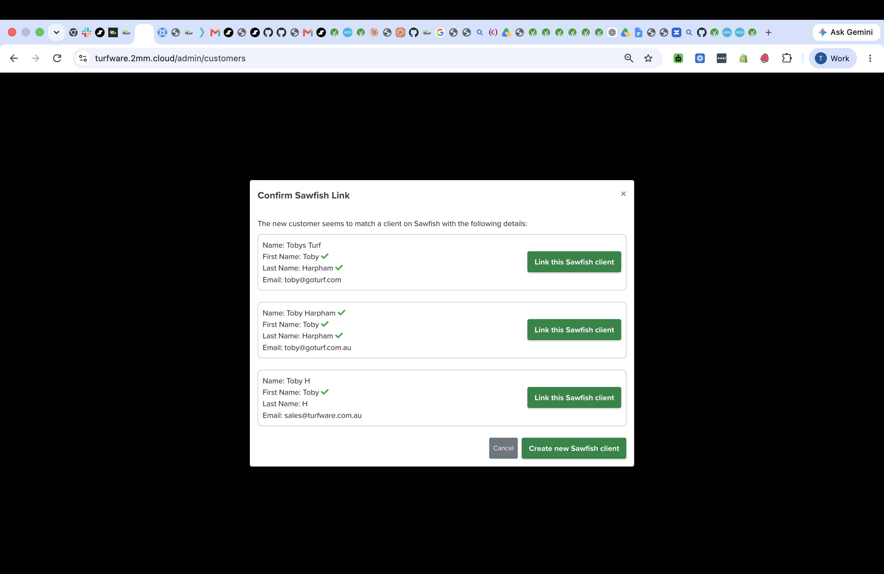 Confirm Sawfish Link — link an existing client or create a new one