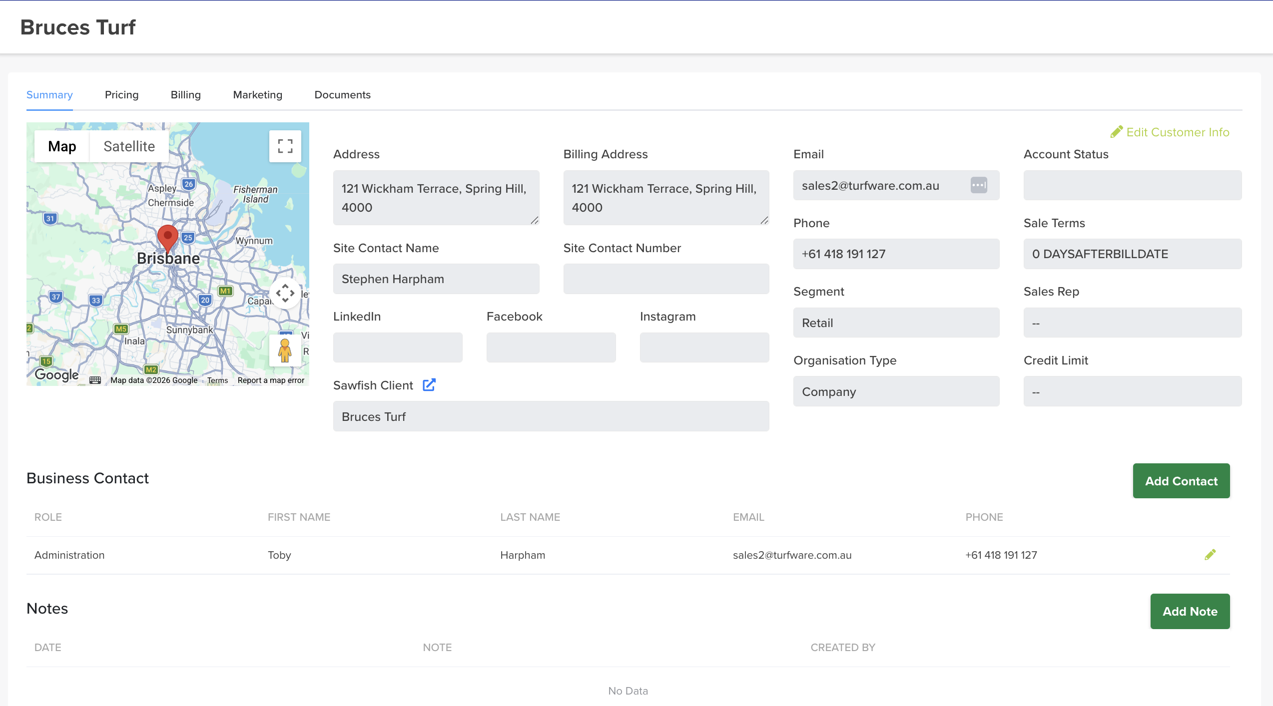 Customer summary — details, contacts and notes