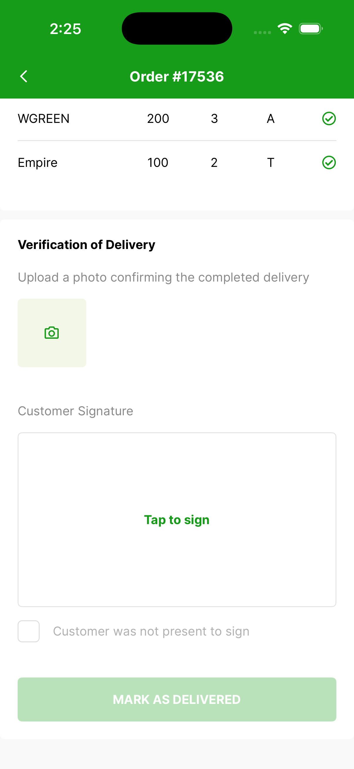Verification of Delivery — photo, customer signature and Mark as Delivered