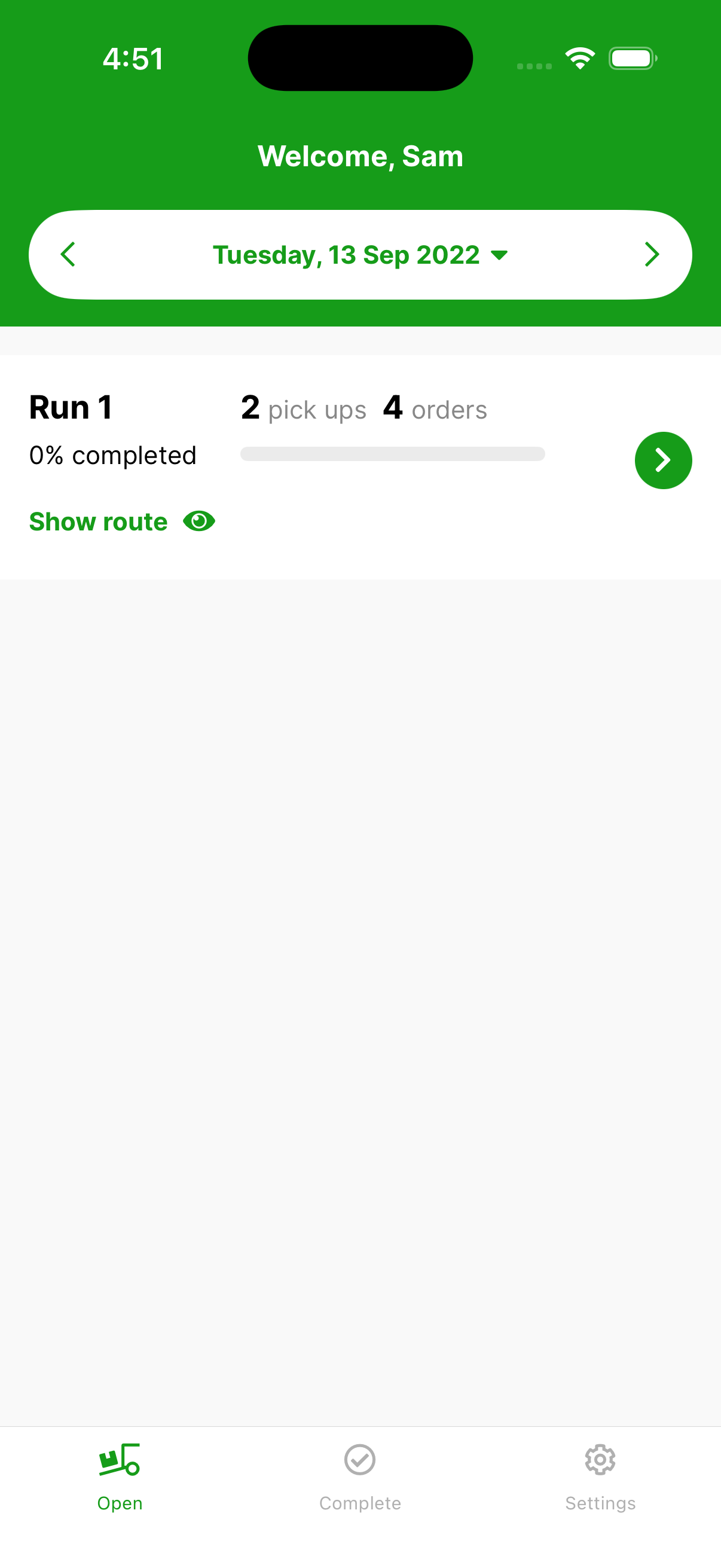 The Delivery App front screen — the day's runs