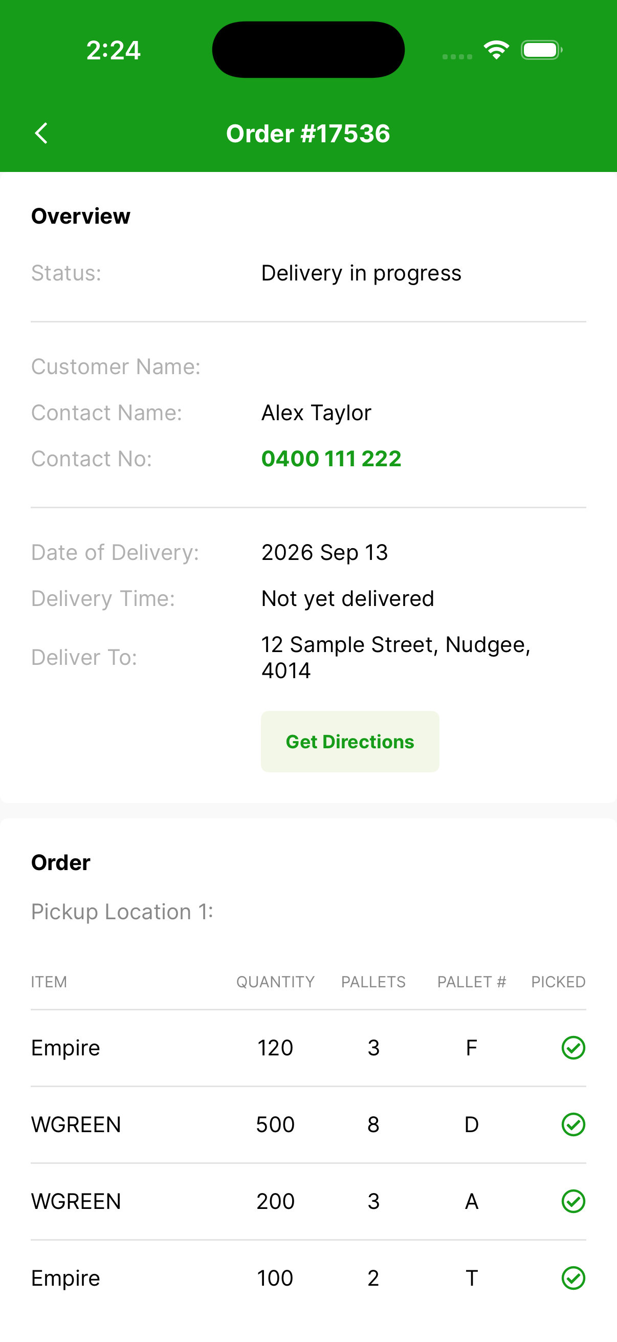 Order details — status, site contact, delivery address and items
