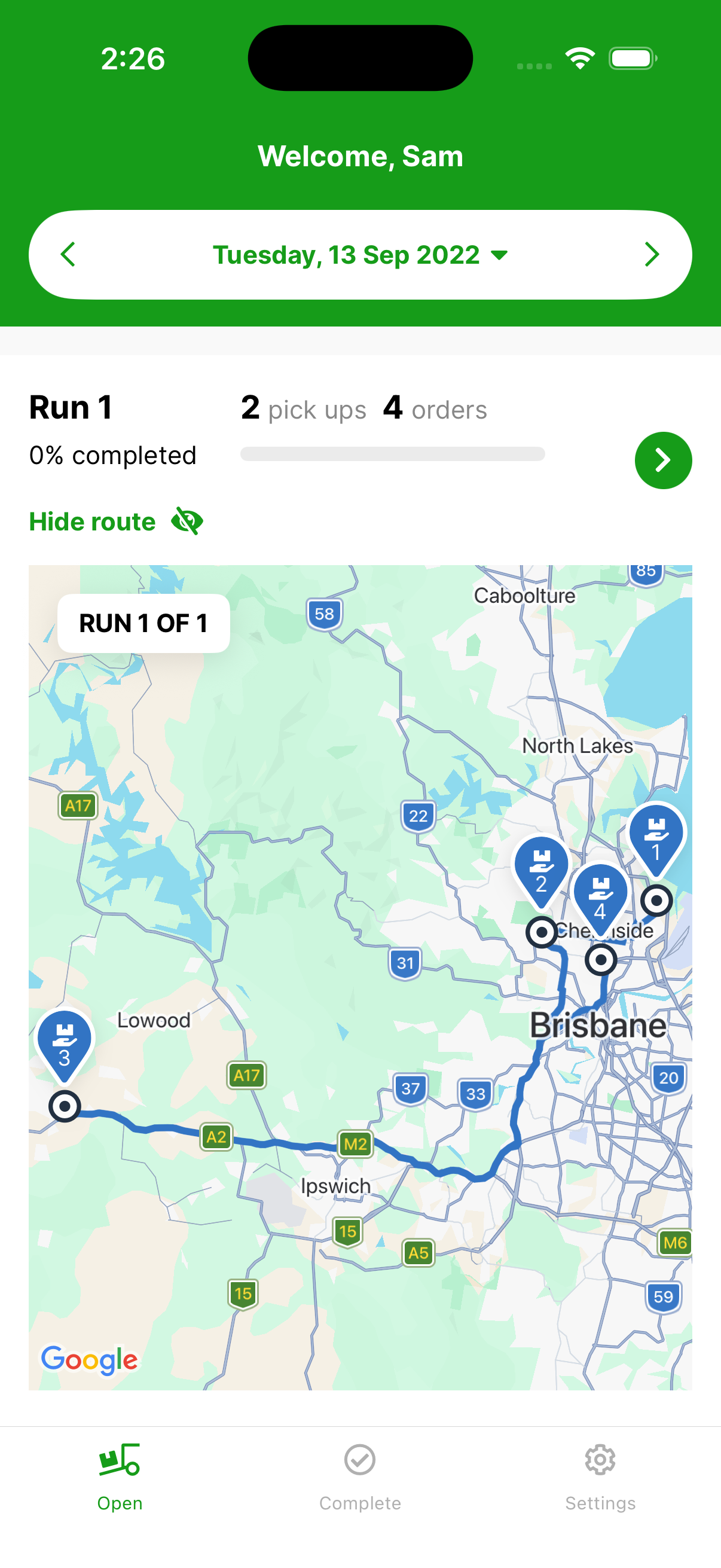The run plotted on a map — each stop numbered in delivery order