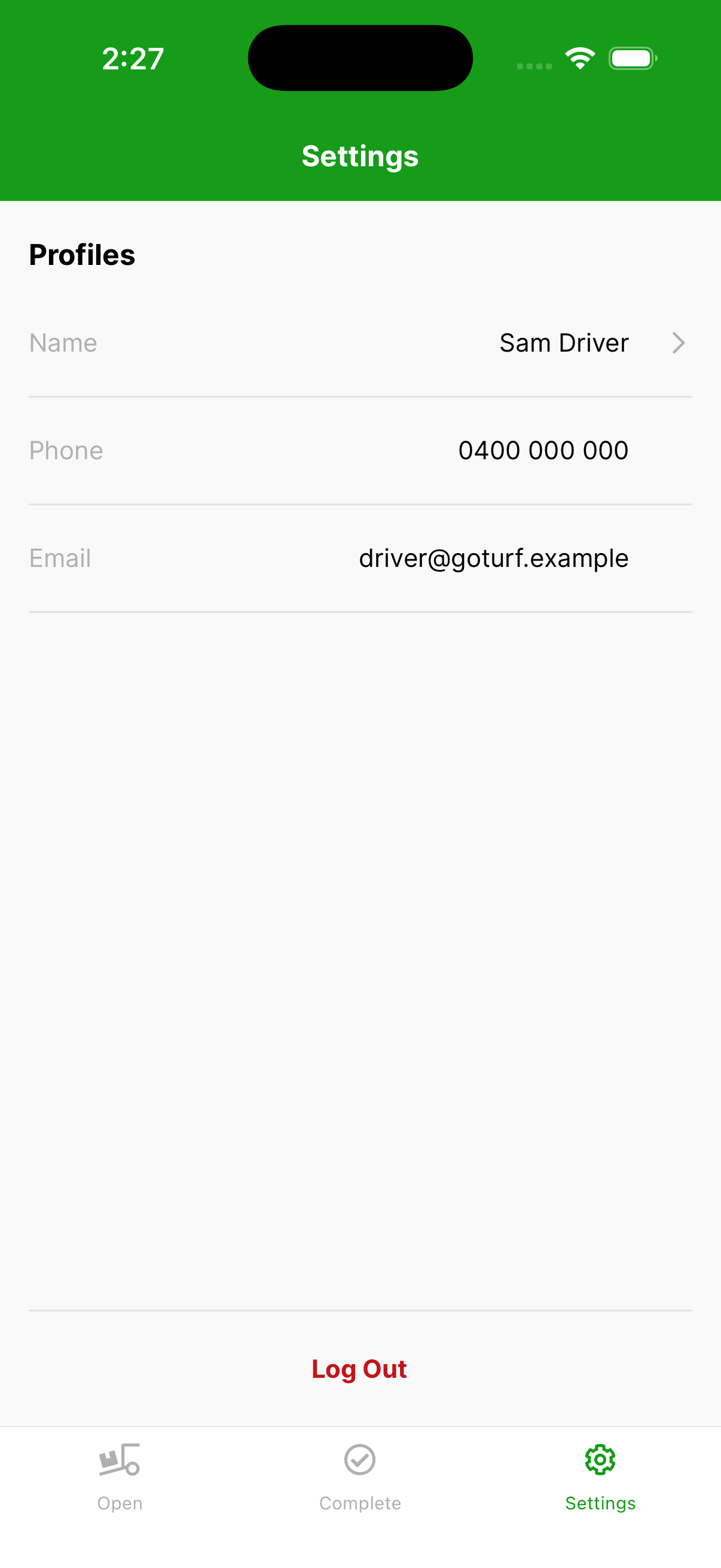 The Settings page, with Log Out at the bottom