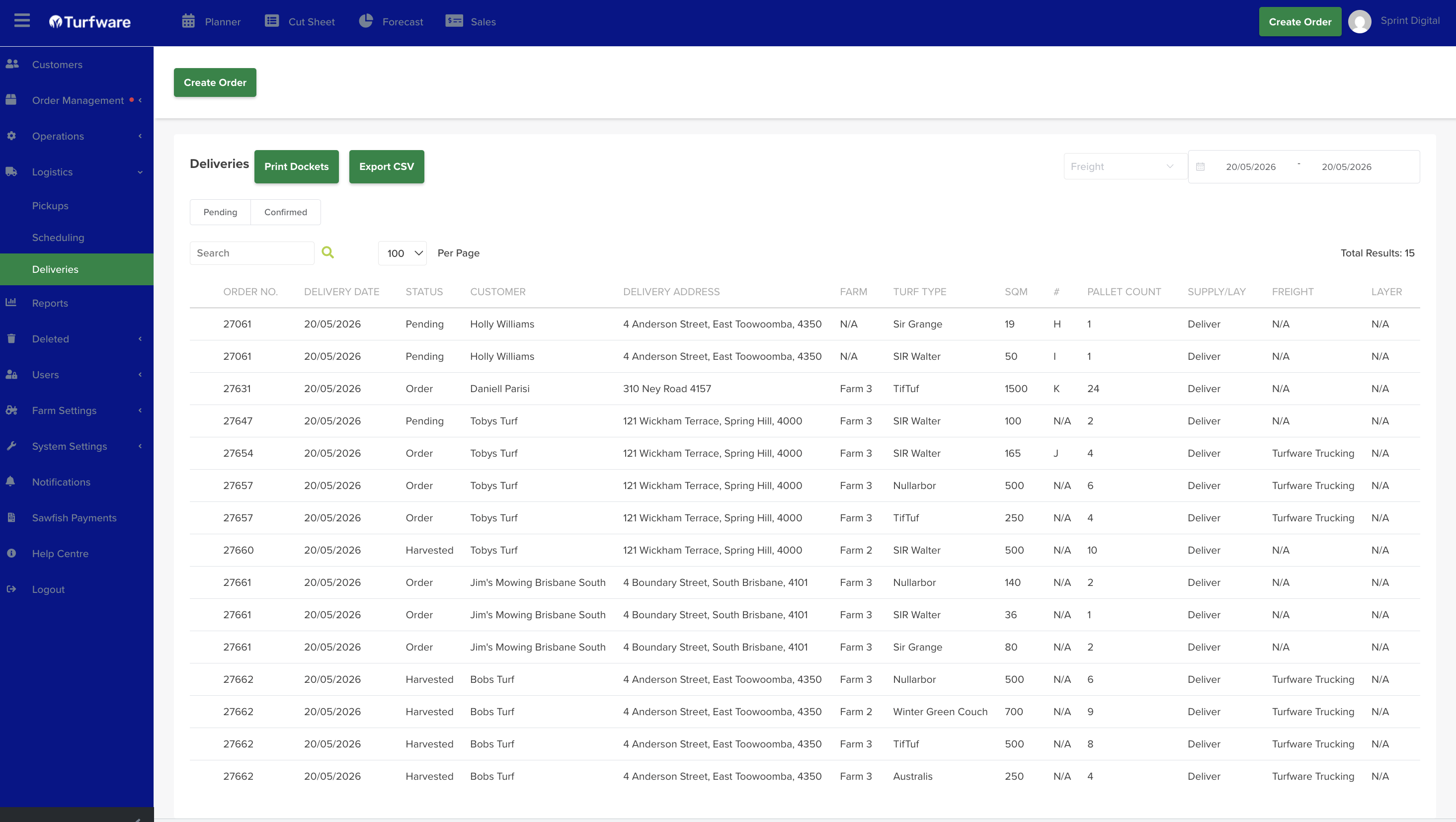 The Delivery screen — list, filters and Export CSV / Print Dockets
