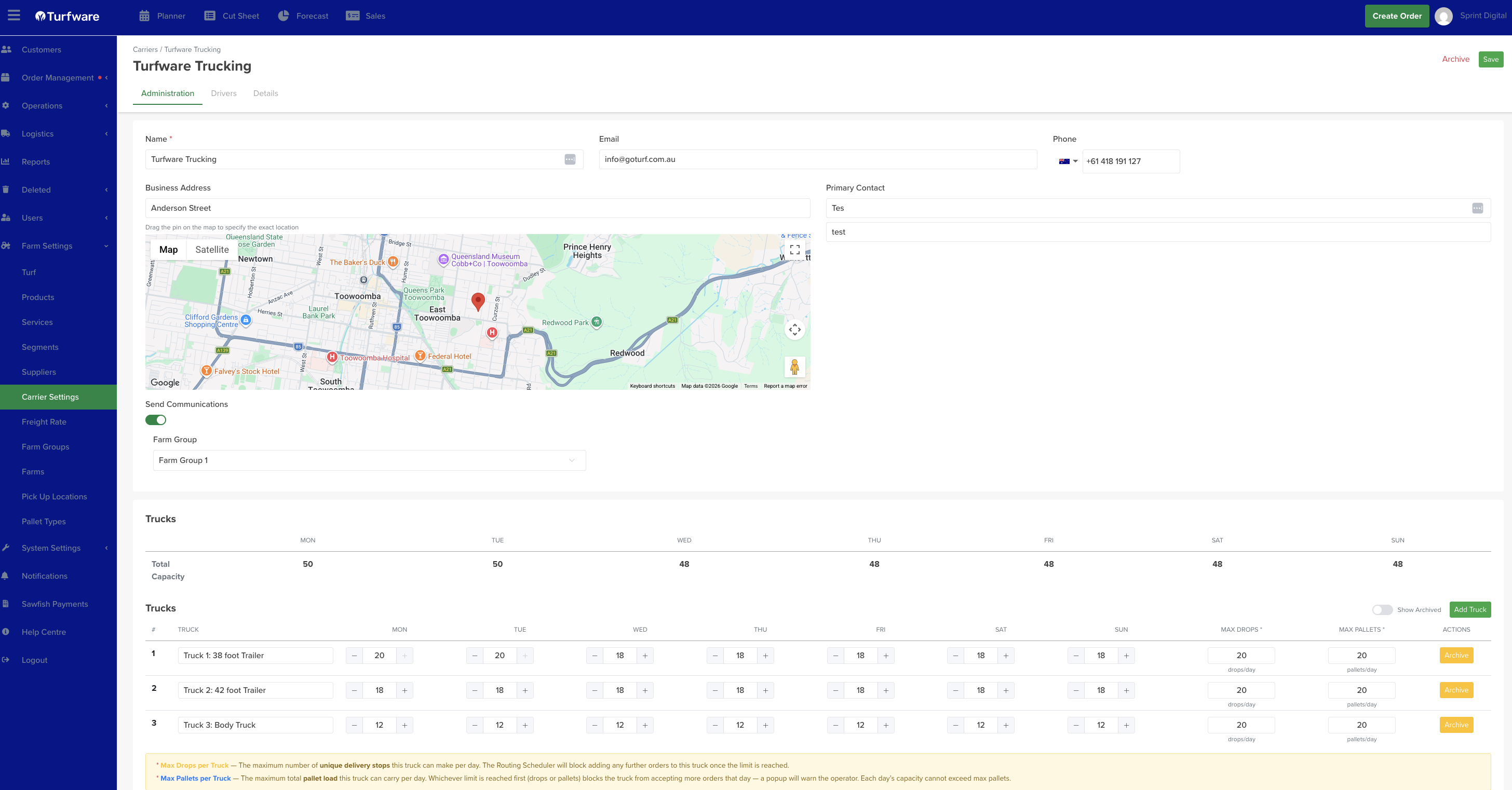 Carrier — Administration tab: details and trucks