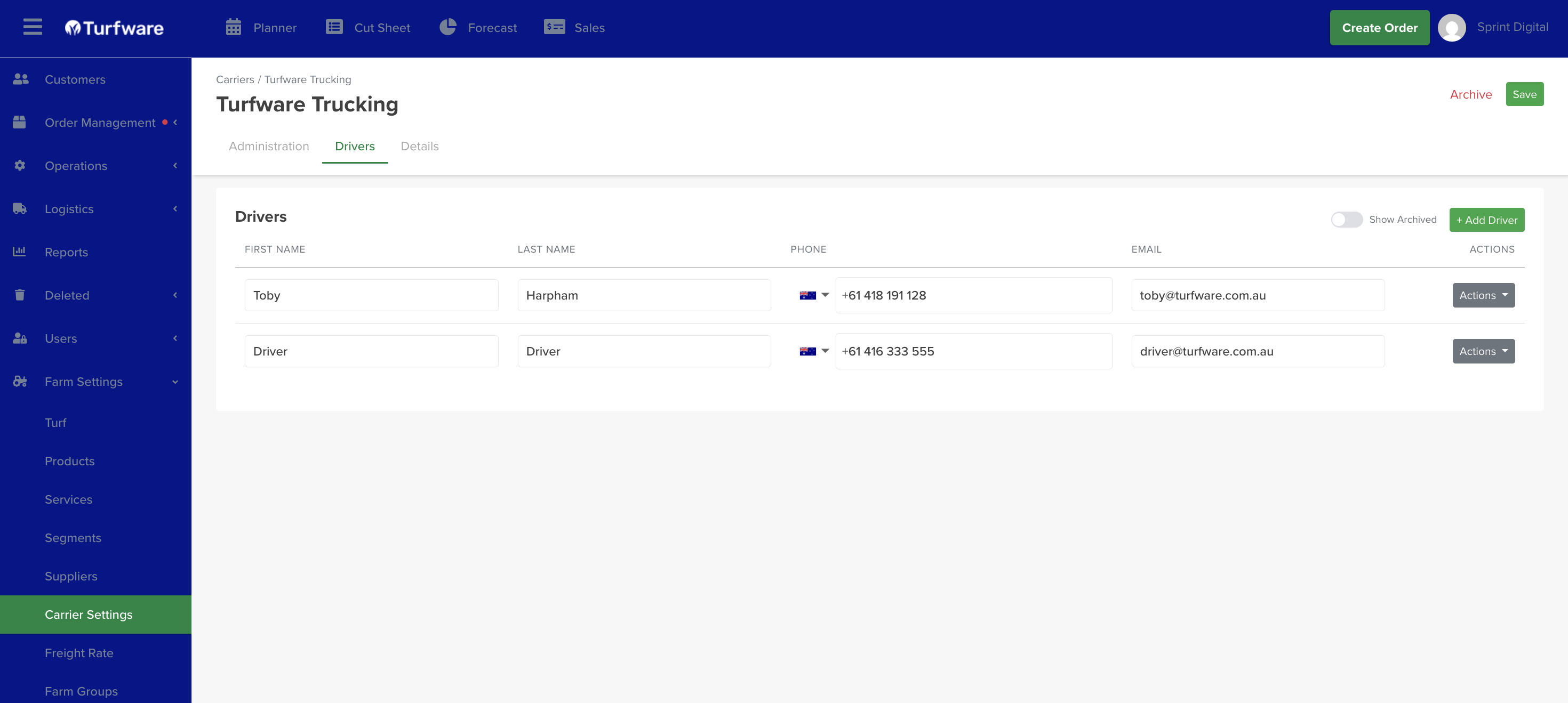 Carrier — Drivers tab