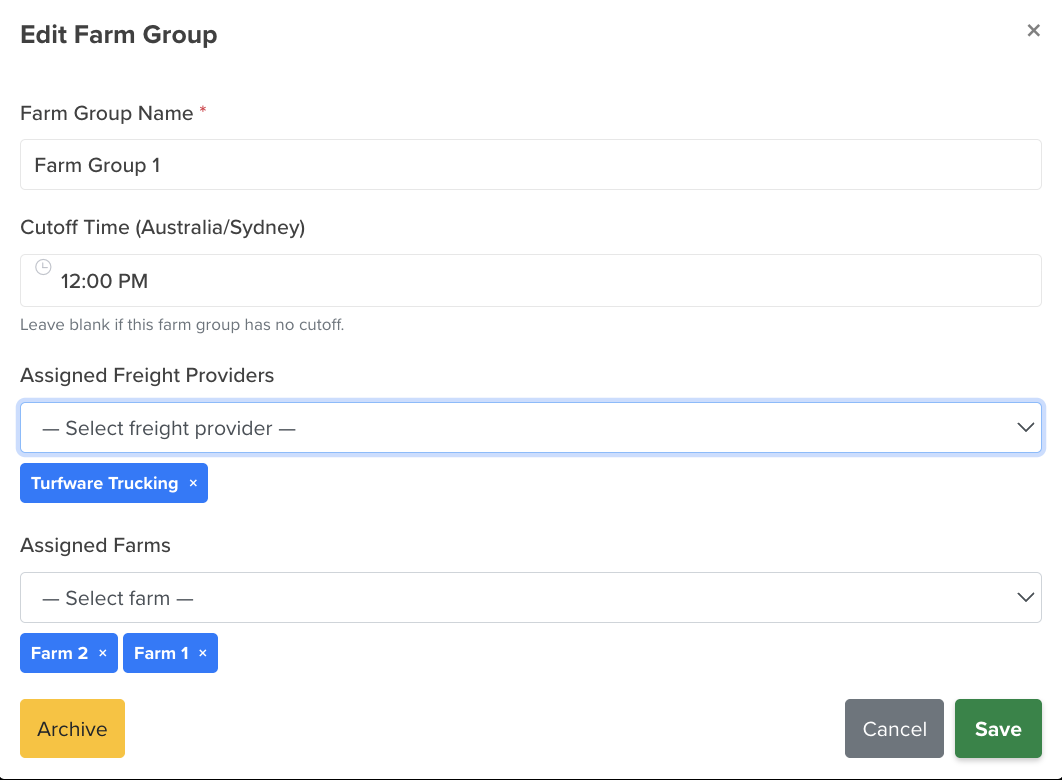 Farm Group — farms, carriers and cutoff time