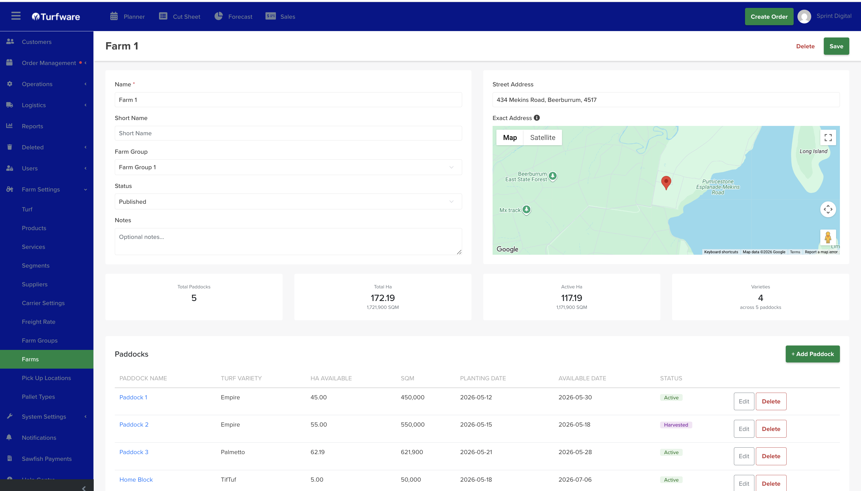 Farm — details, address and paddocks
