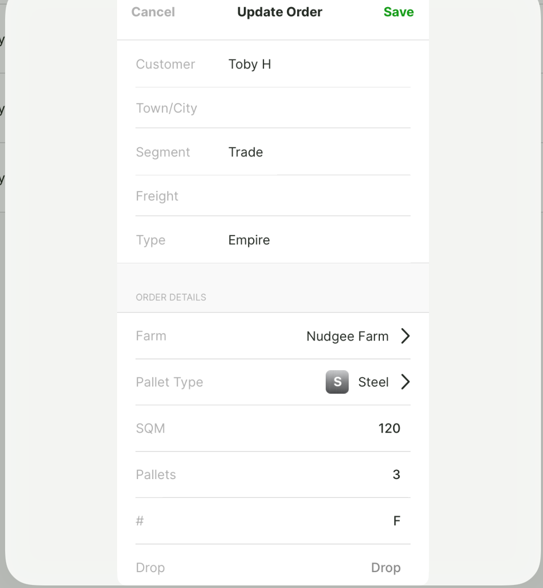 The Update Order form — Farm, Pallet Type, SQM, Pallets and more