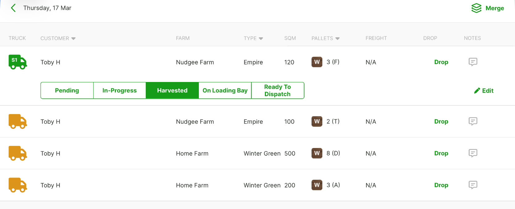 An order marked Harvested — the truck icon shows the harvest tag
