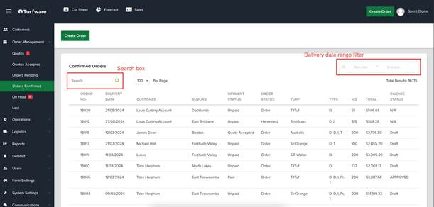 The date range picker on a list
