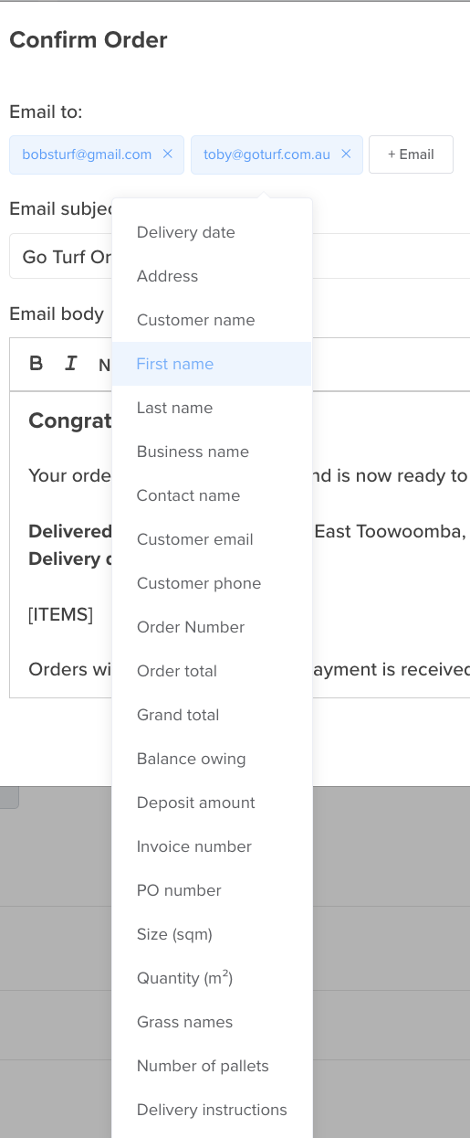 The Variables dropdown in a notification — customer name split into First / Last / Business, alongside payment and order-detail fields