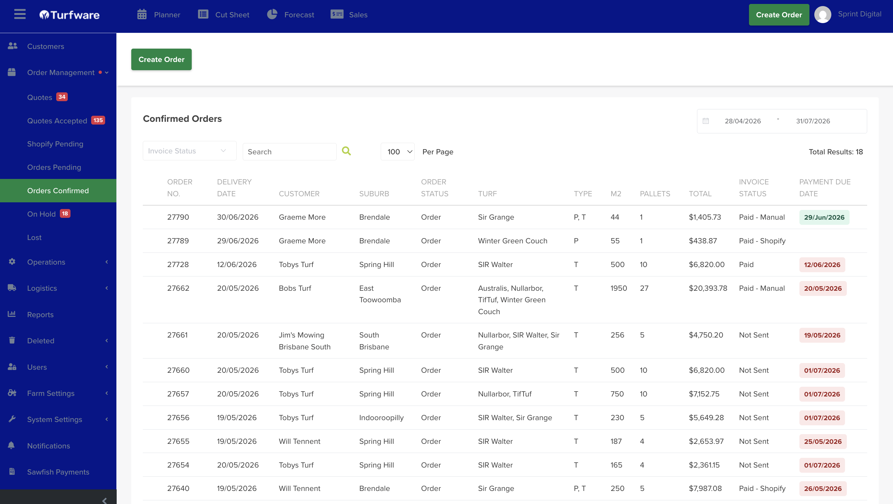Orders list — filters and columns