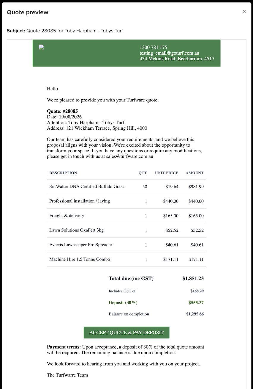 Quote preview — the like-for-like email the customer receives, itemised with GST