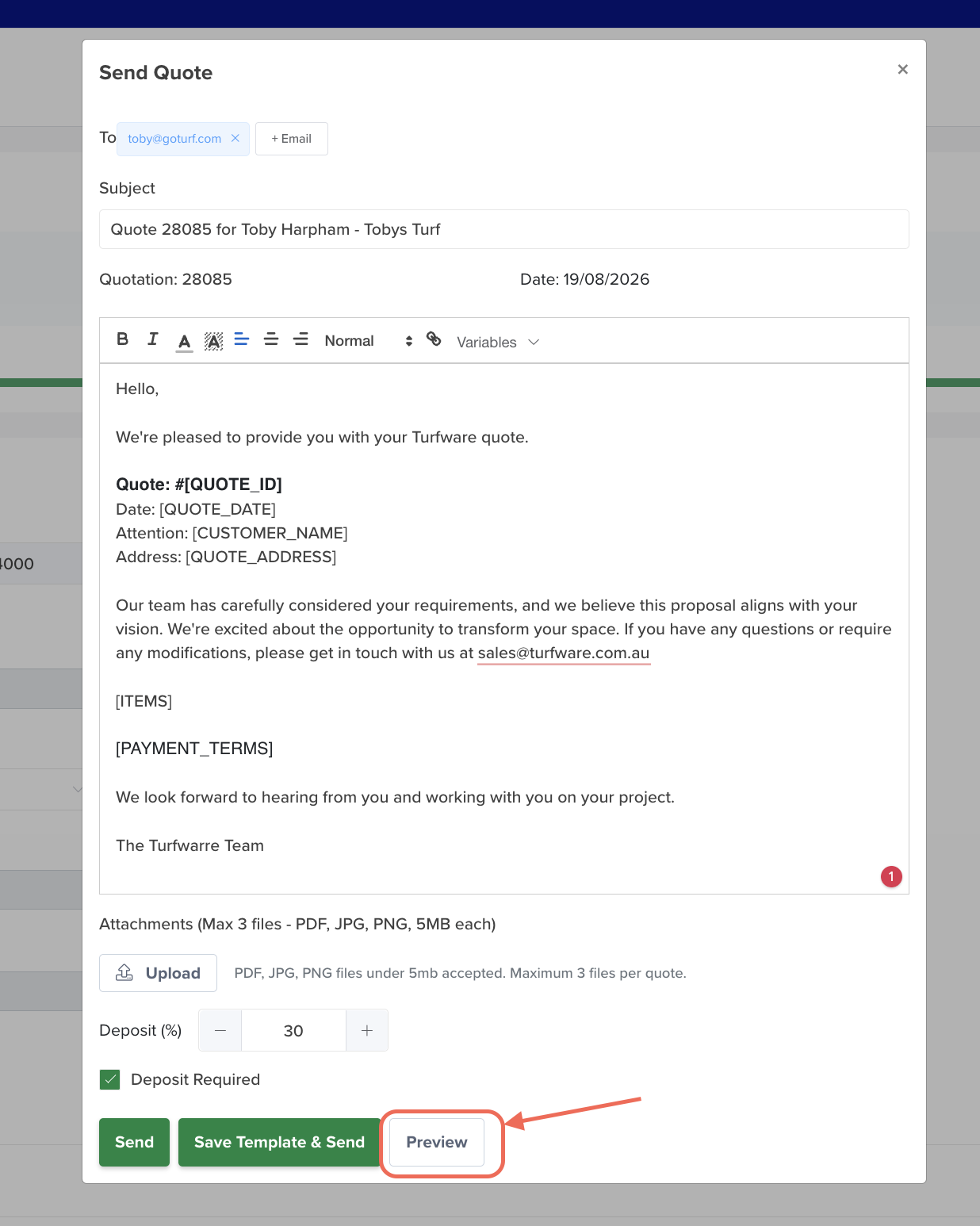 Send Quote — with the Preview button