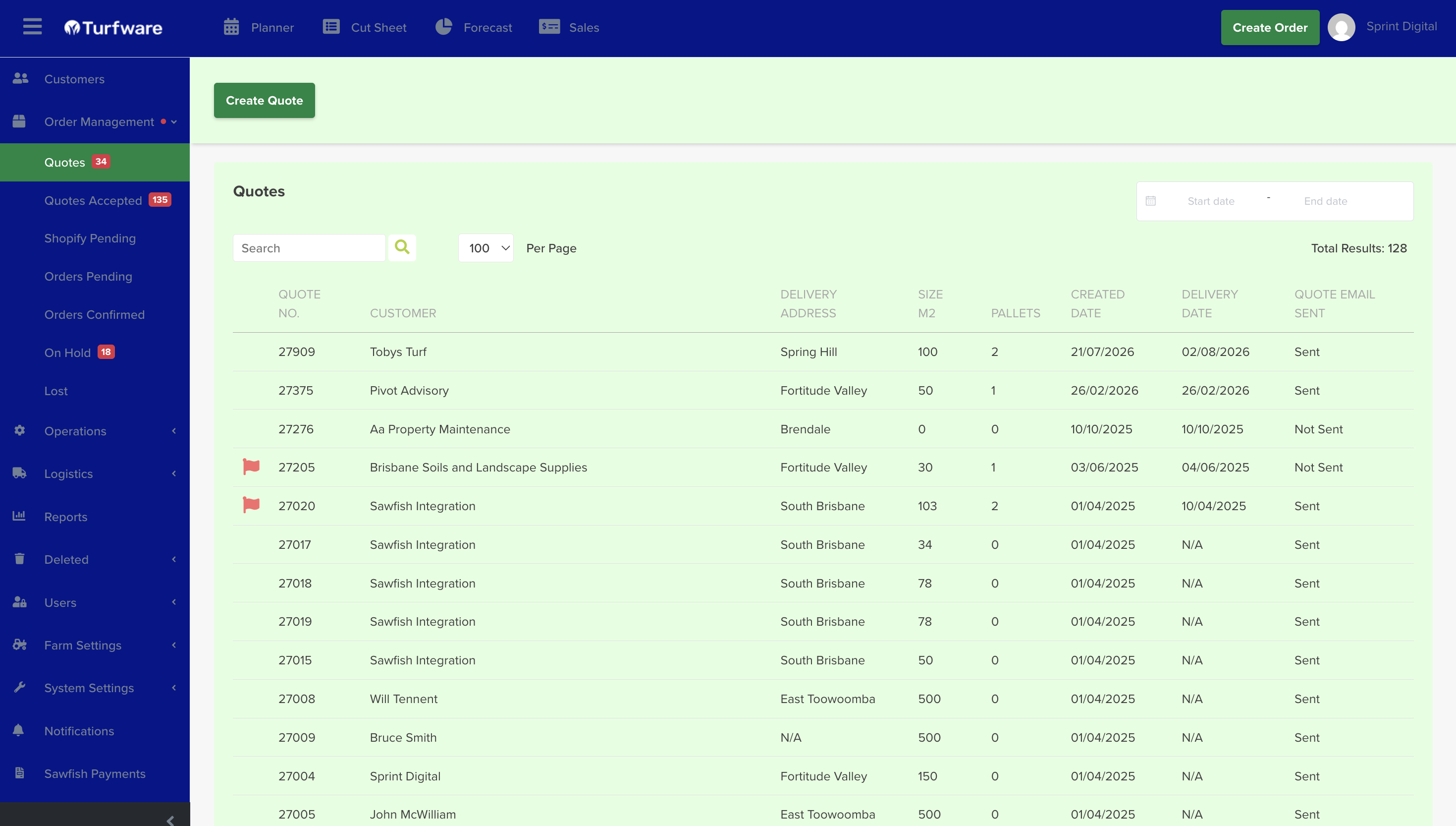 Quotes list with the Create Quote button