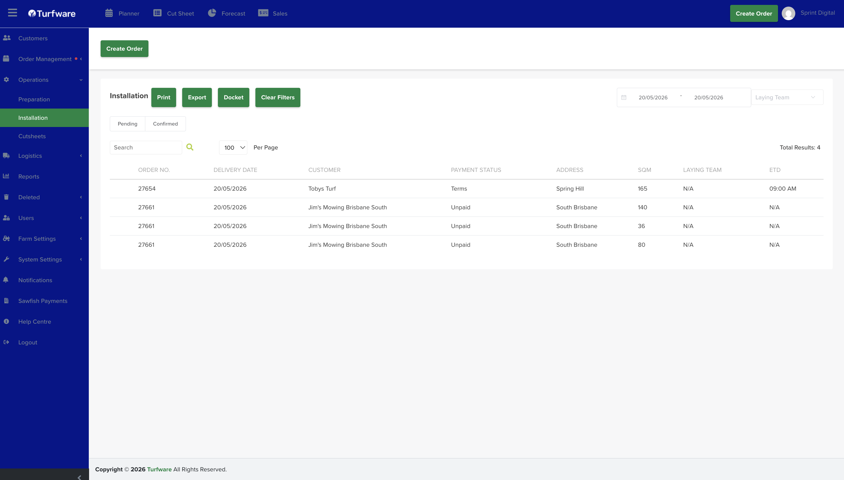 The Installation report — filters, buttons and list