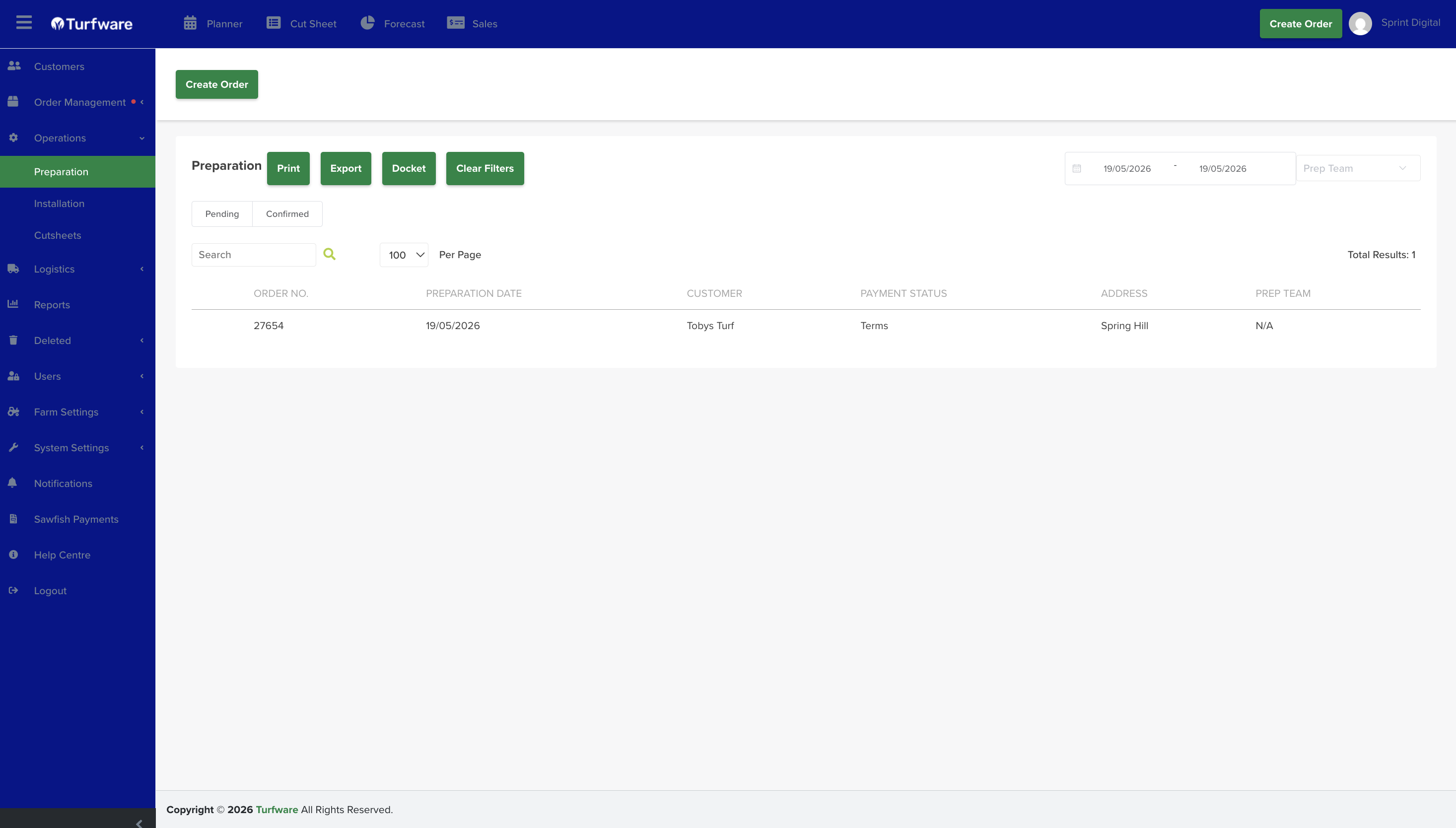The Preparation report — filters, buttons and list