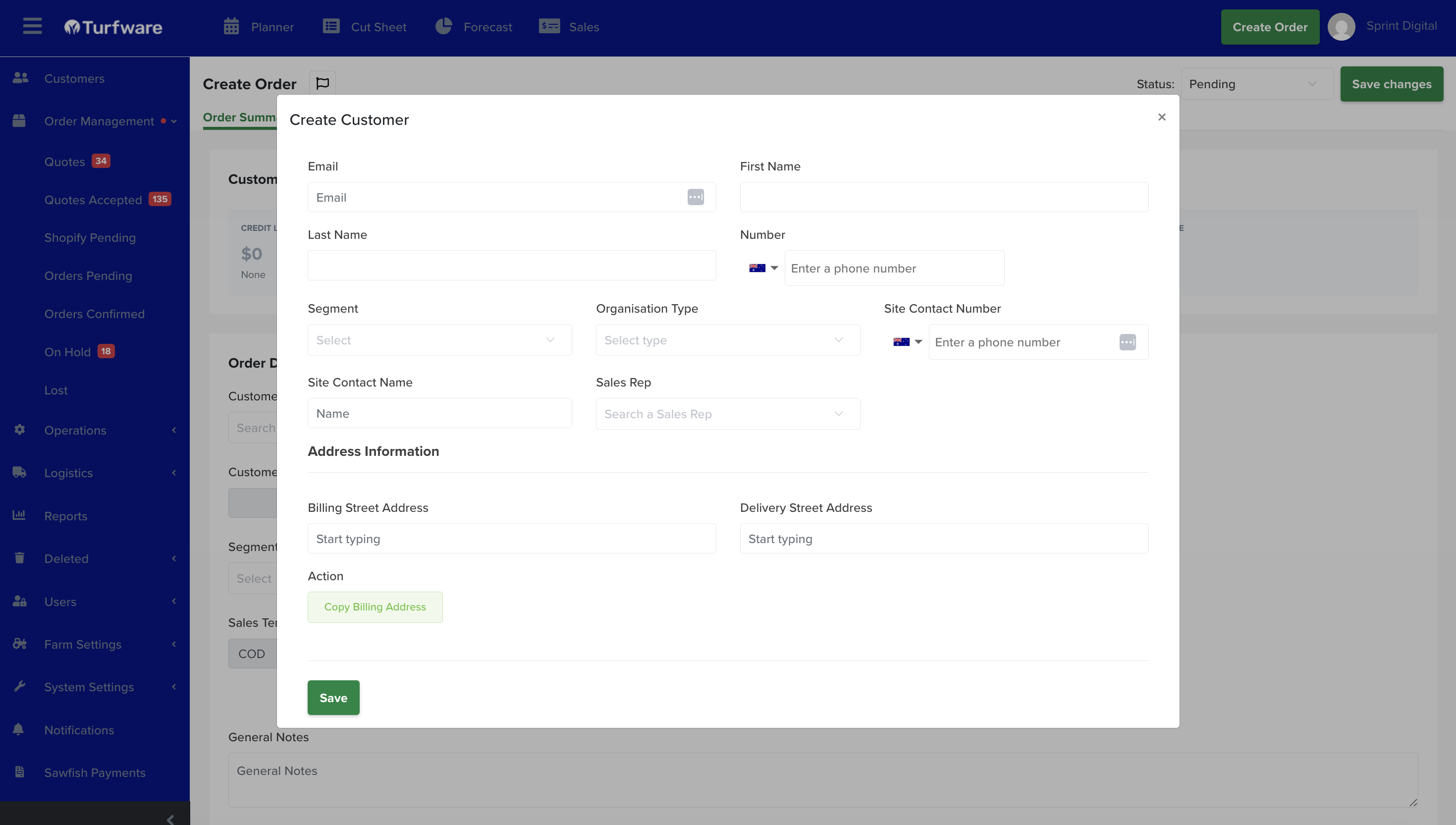 The Create Customer form opened from the order