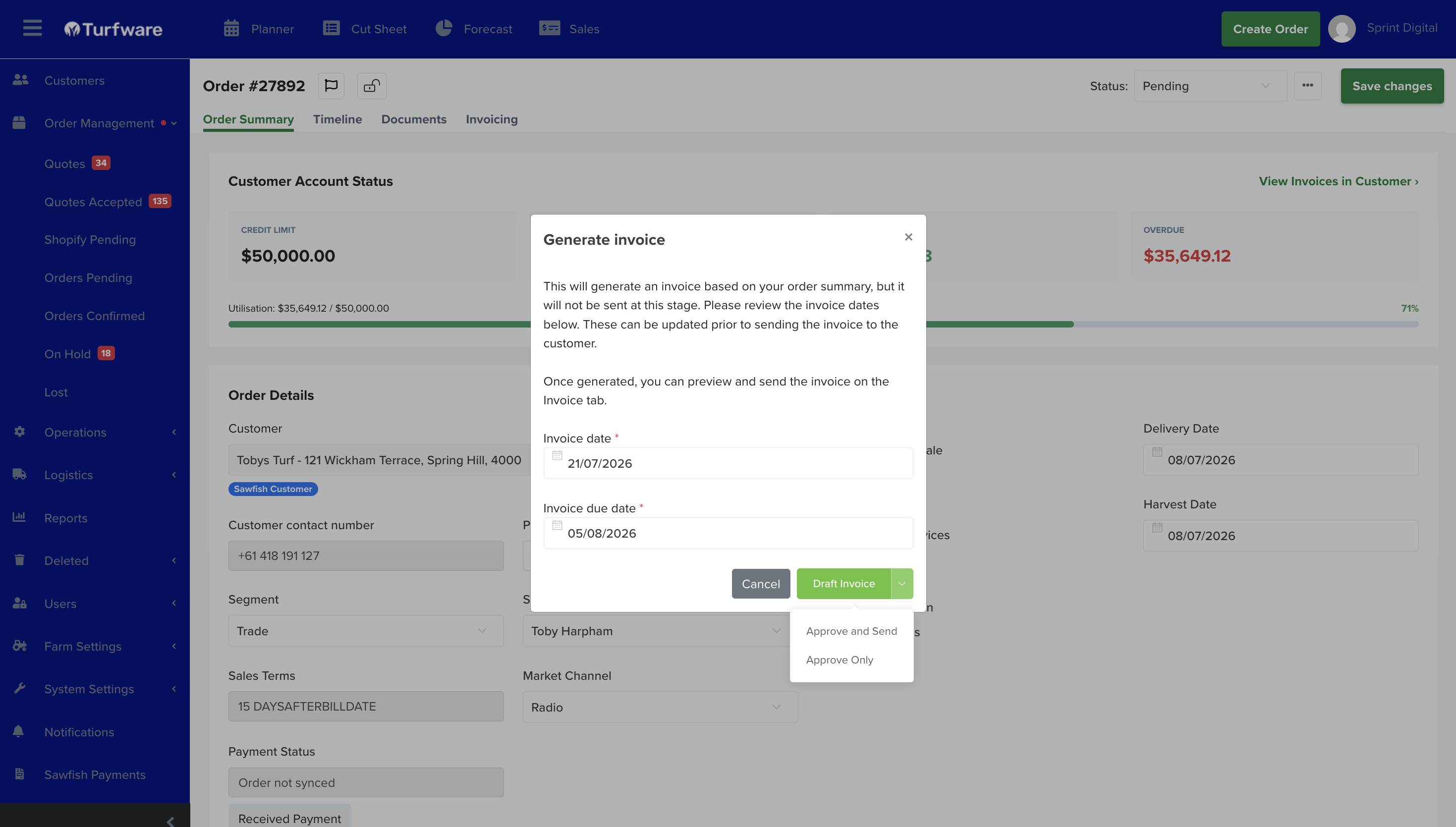 Generate invoice — invoice date, due date, and Draft / Approve Only / Approve & Send