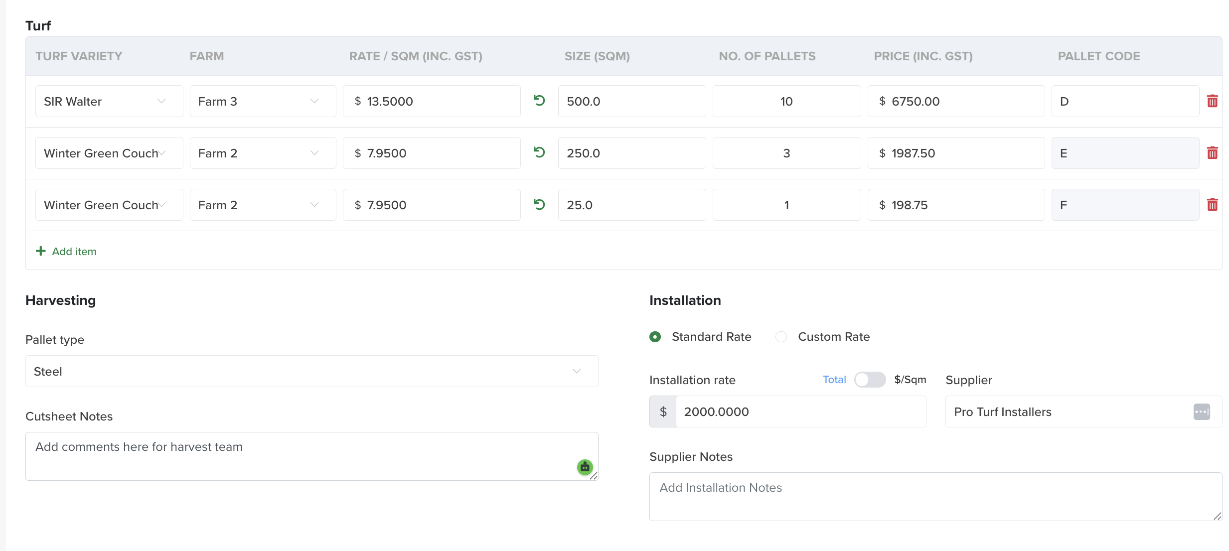 Installation — rate, Total/$Sqm toggle and installation supplier