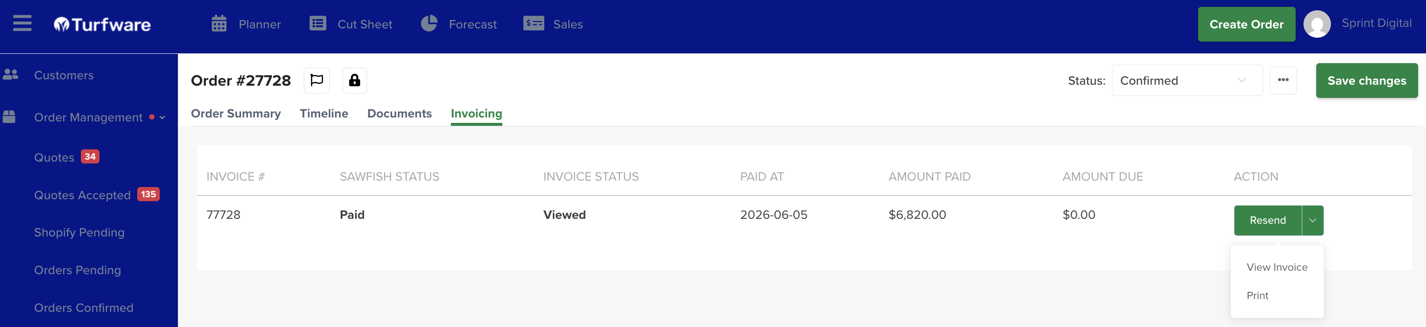Invoicing tab — Sawfish status, invoice status, amounts, and Resend / View / Print