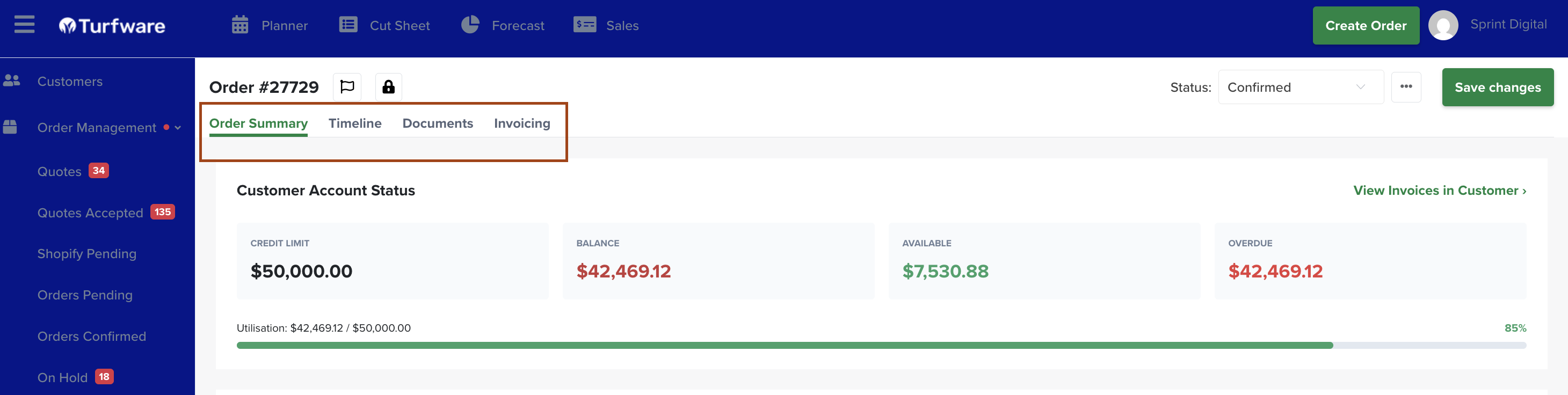 Order page — tabs, Status control, ⋯ menu and Customer Account Status