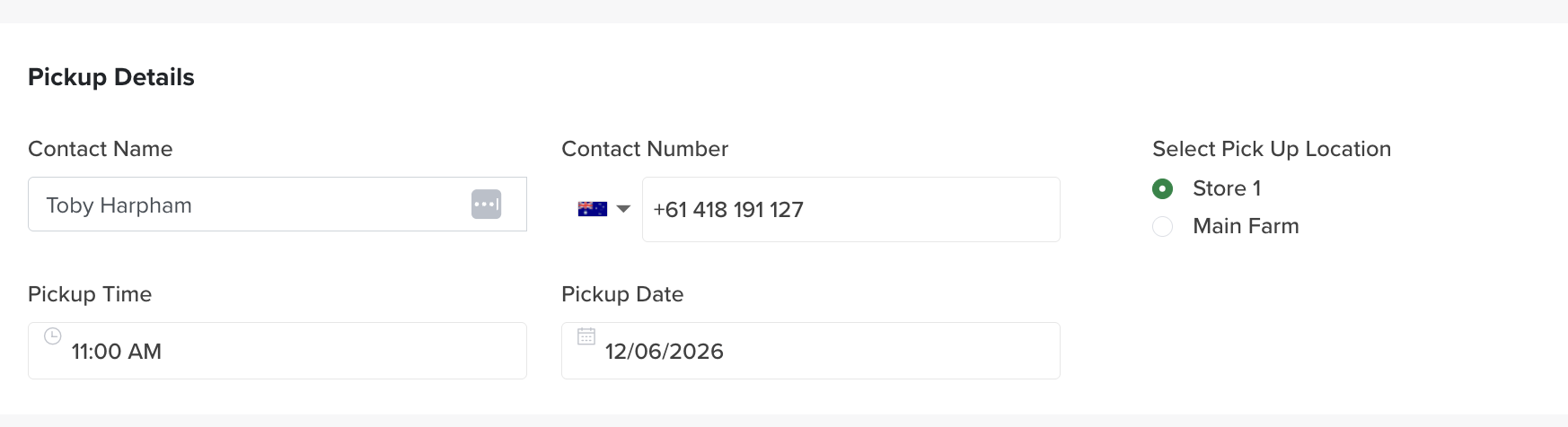 Pickup Details — contact, pickup location, time and date