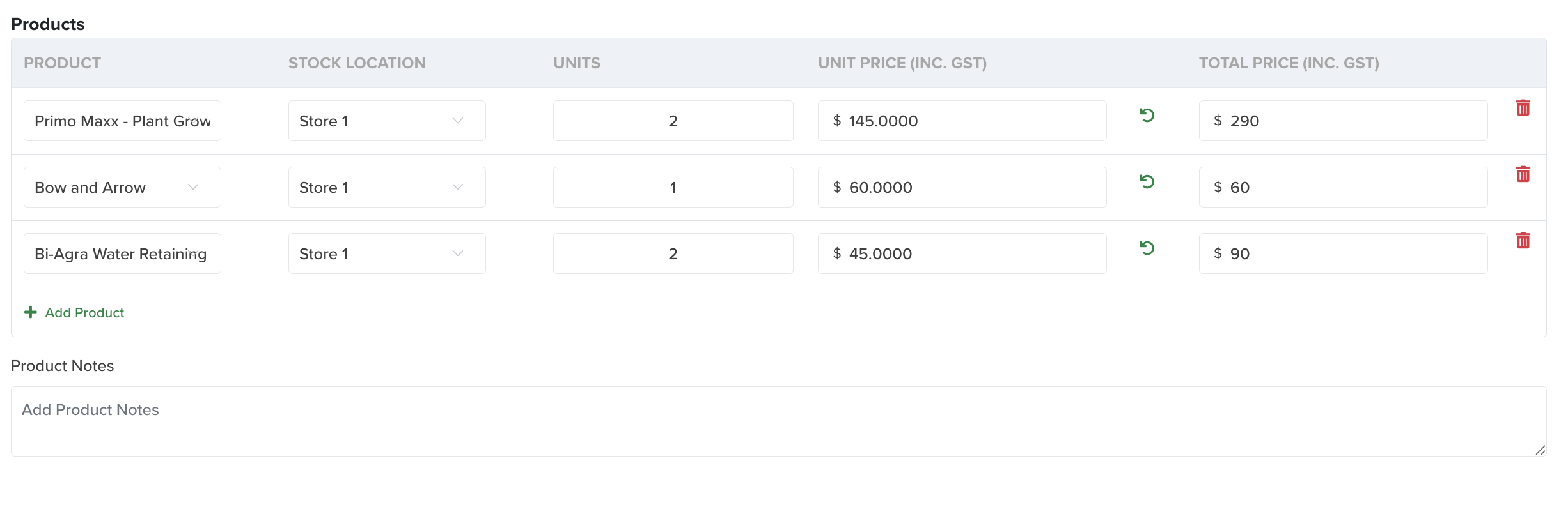 Products — product, stock location, units and price