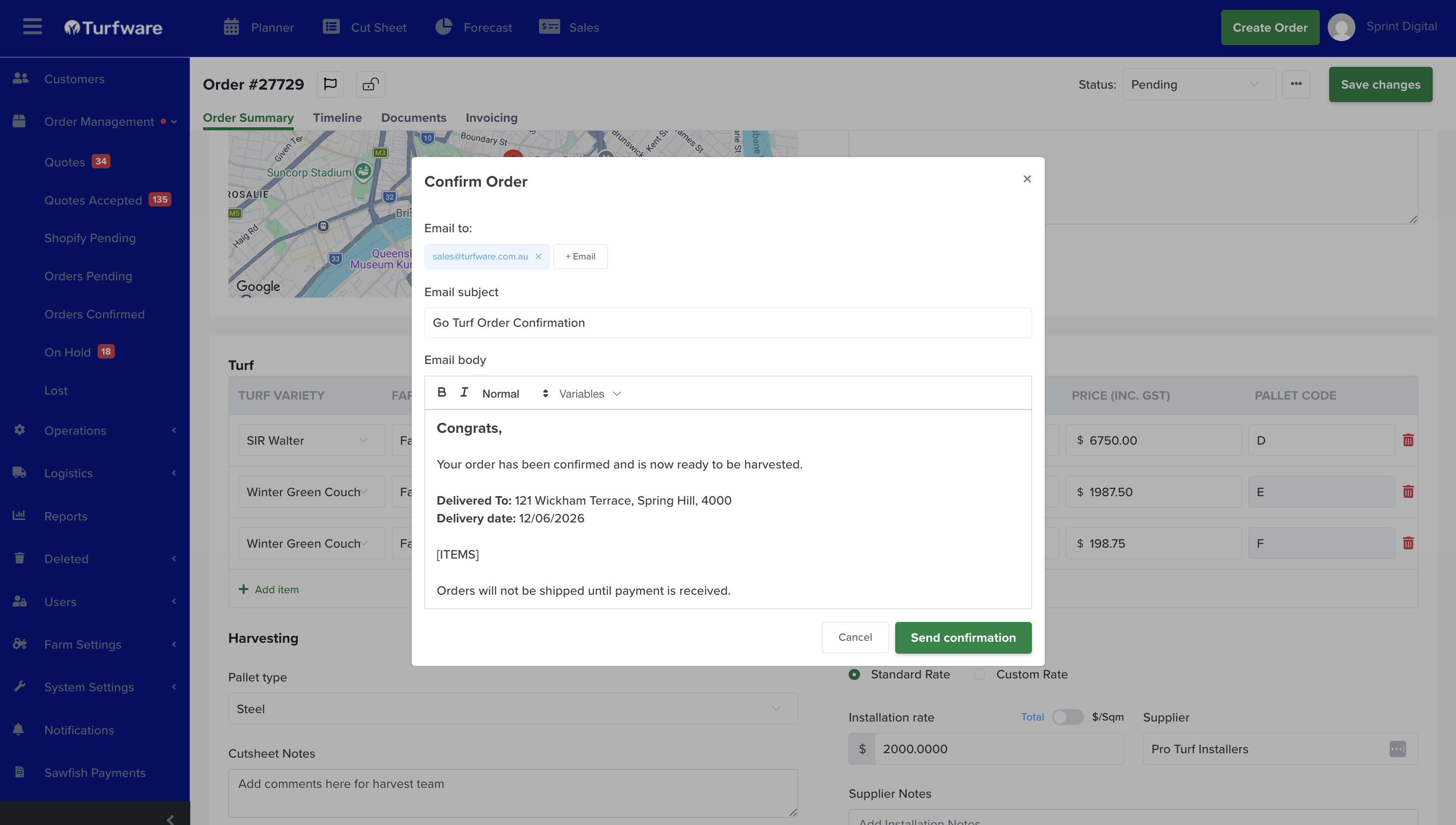 Confirm Order — email recipients, subject and body before sending