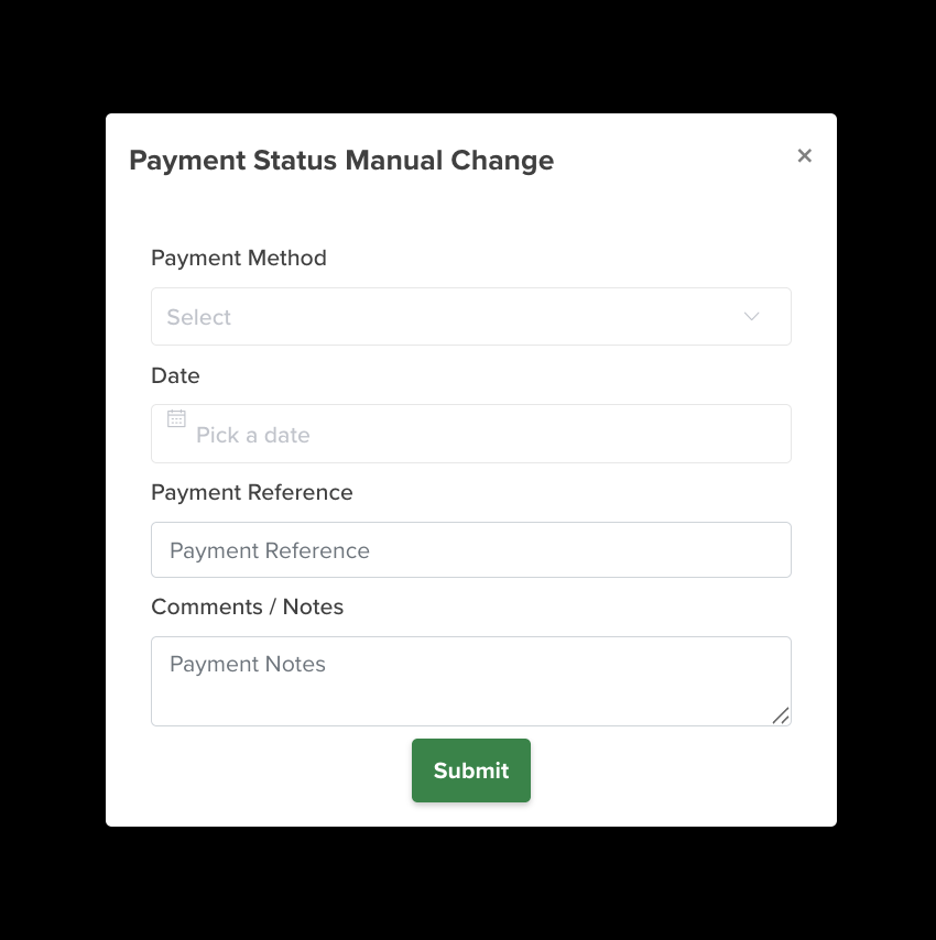 The Payment Status Manual Change popup — payment method, date, reference and notes