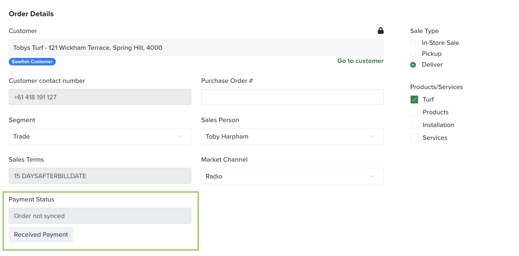 The Payment Status section on an order, with the Received Payment button