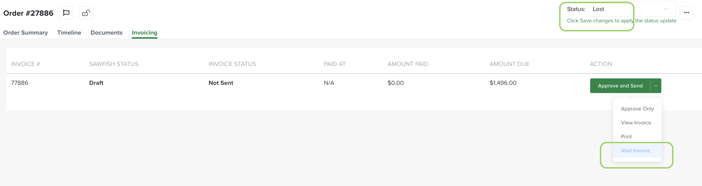 The Invoicing tab — Void Invoice in the actions menu, and the order status set to Lost