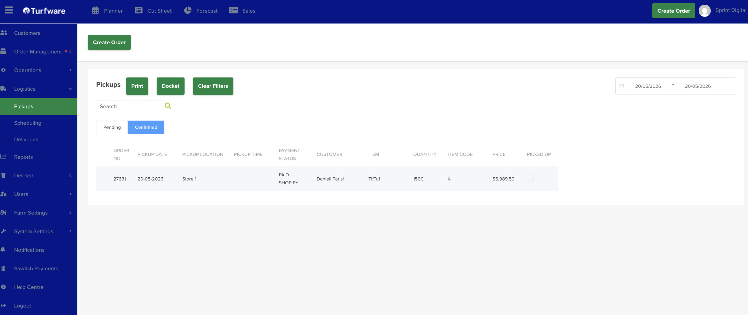 The Pickup screen — Picked up checkboxes, Print and Docket