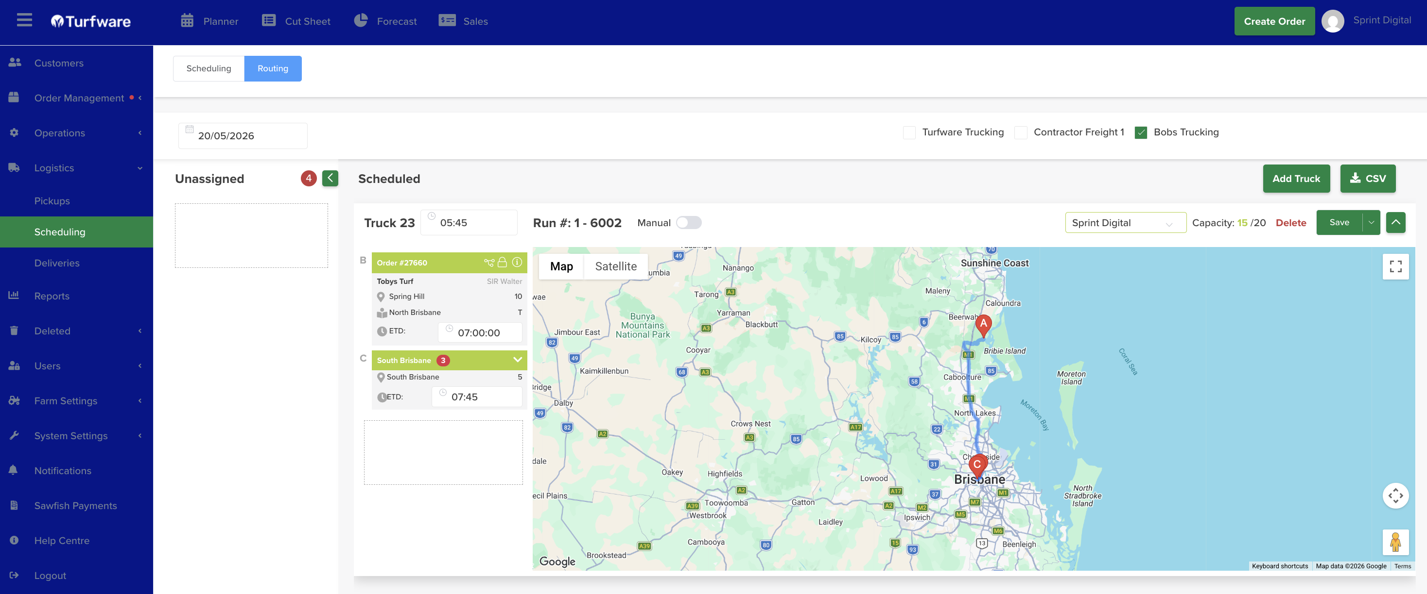 Routing — orders allocated to a truck, with the calculated route