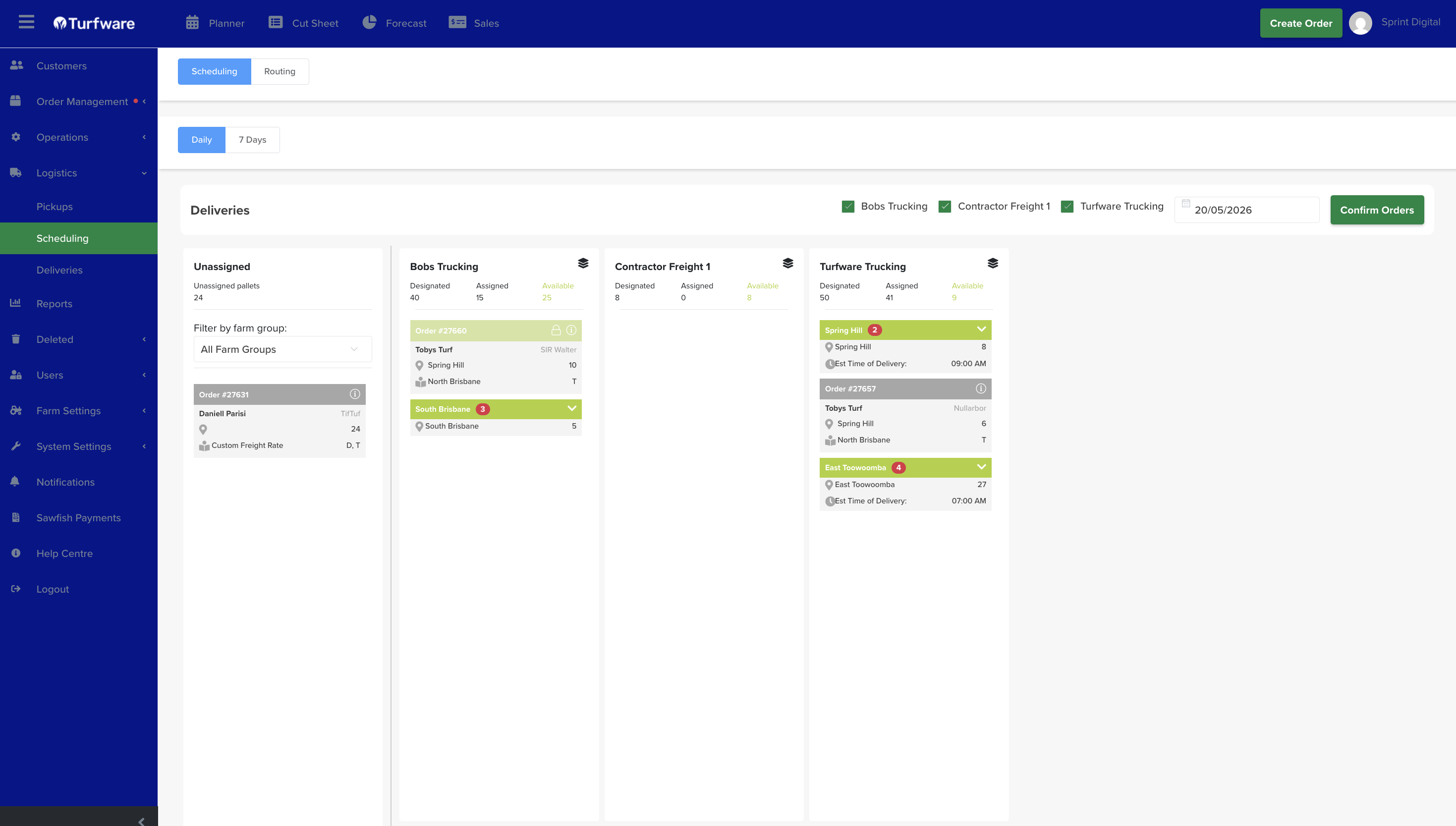 The Daily scheduler — carrier columns with drag-and-drop assignment
