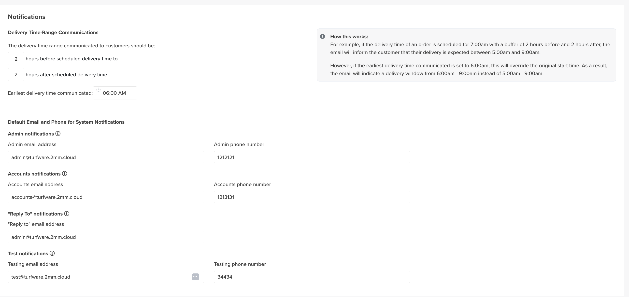 Notifications — delivery time-range and default system notification contacts