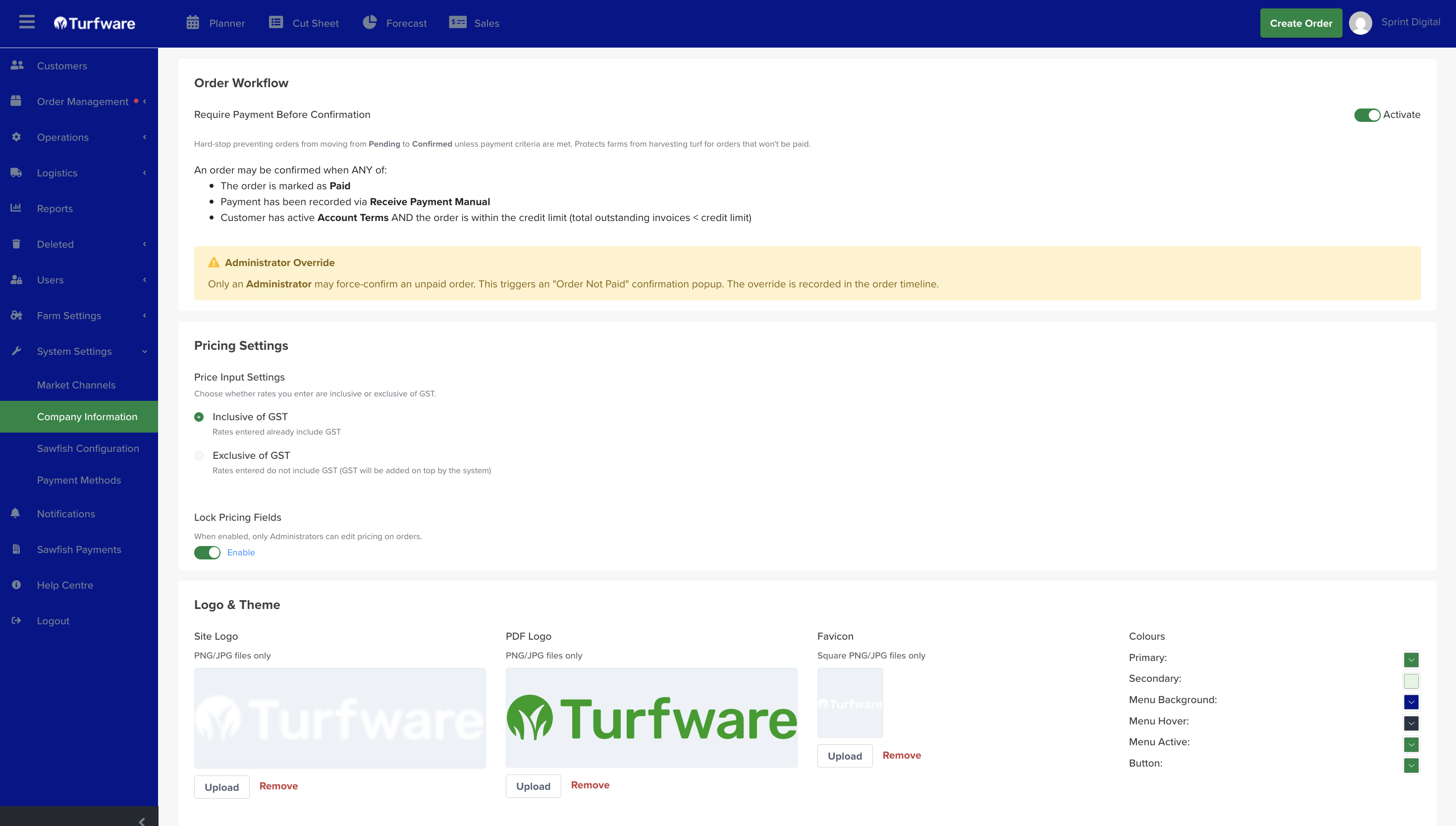 Order Workflow, Pricing Settings and Logo & Theme