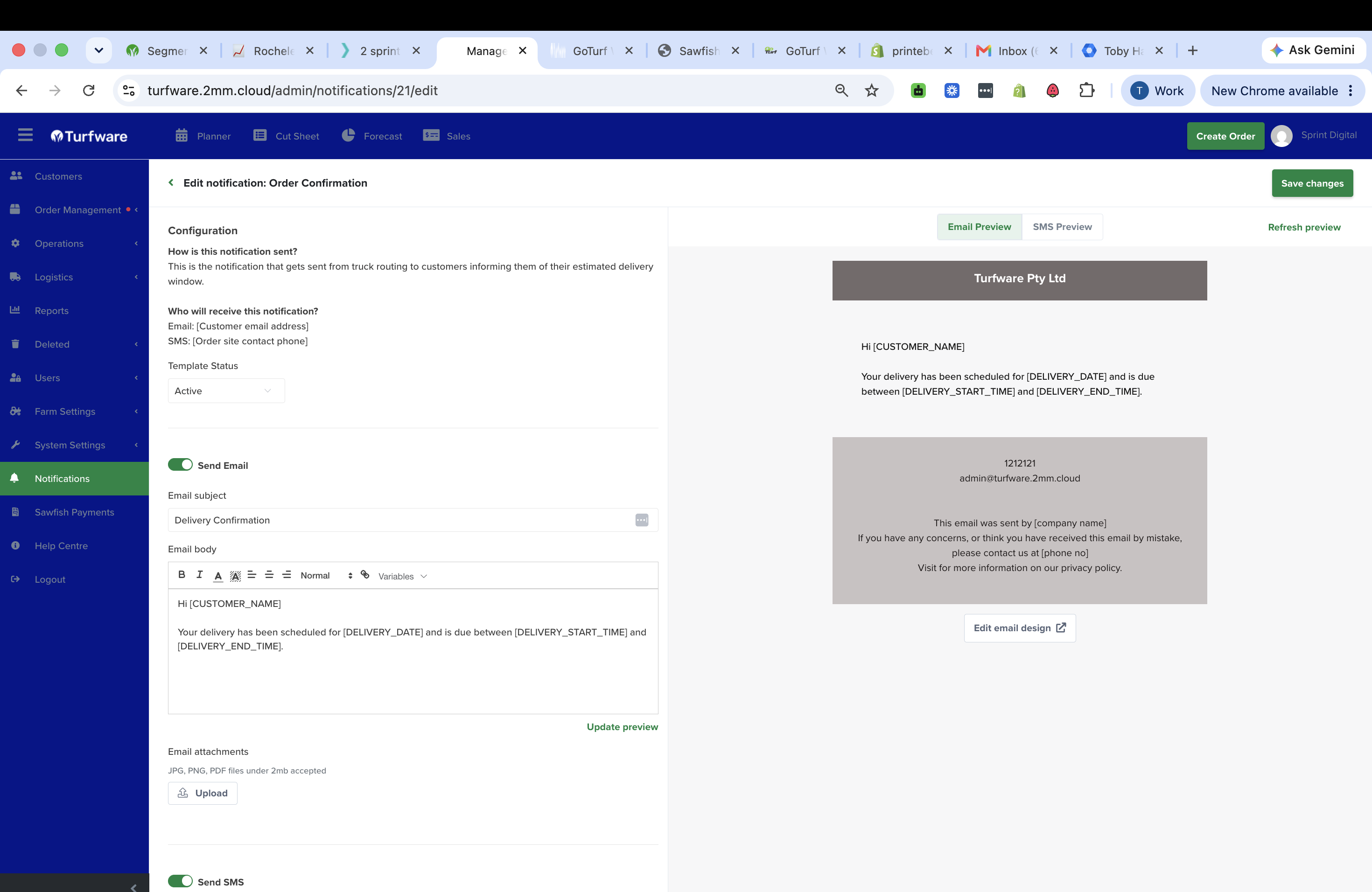 Editing a notification — configuration on the left, live preview on the right