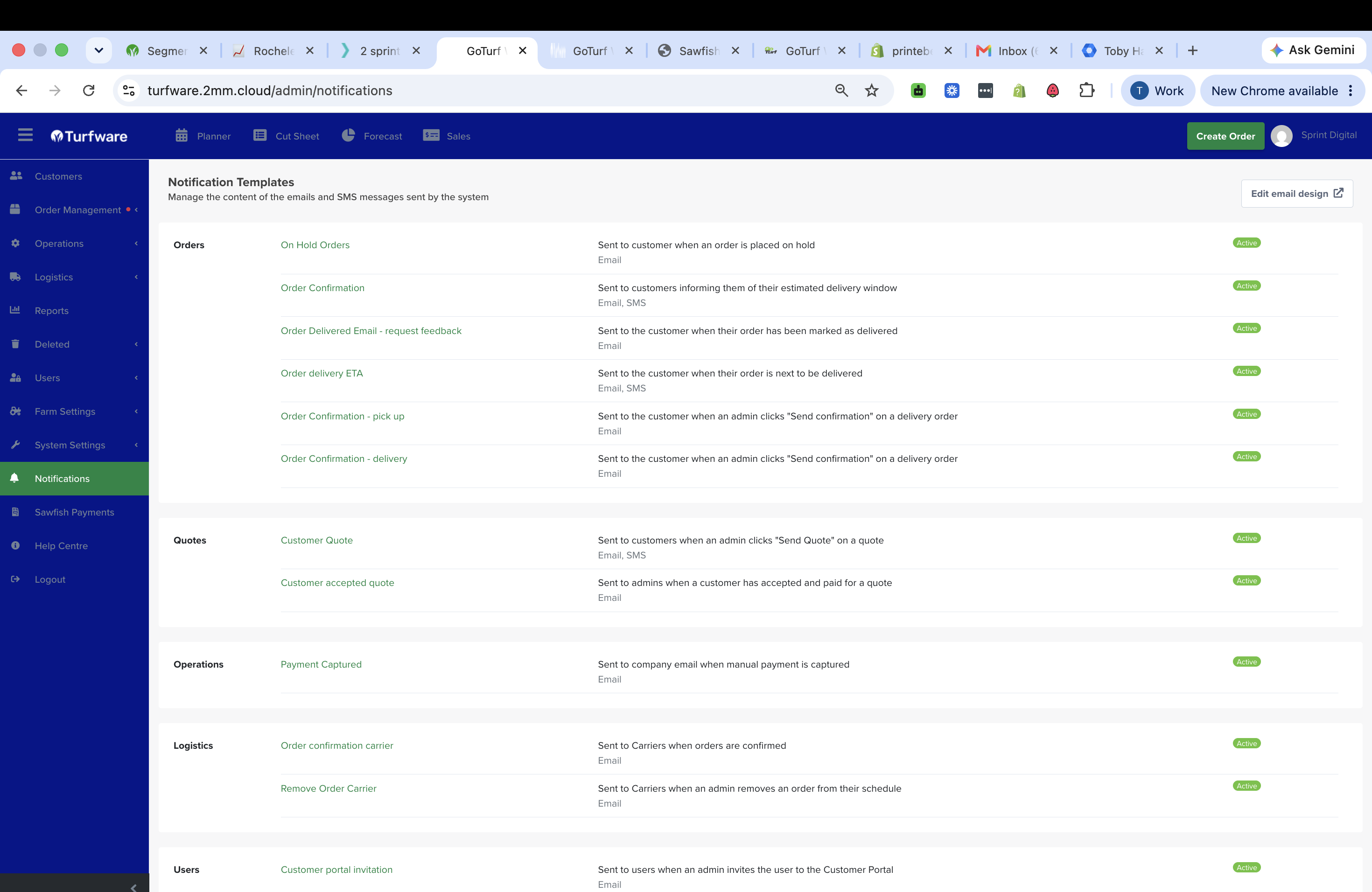 The Notification Templates list, grouped by area