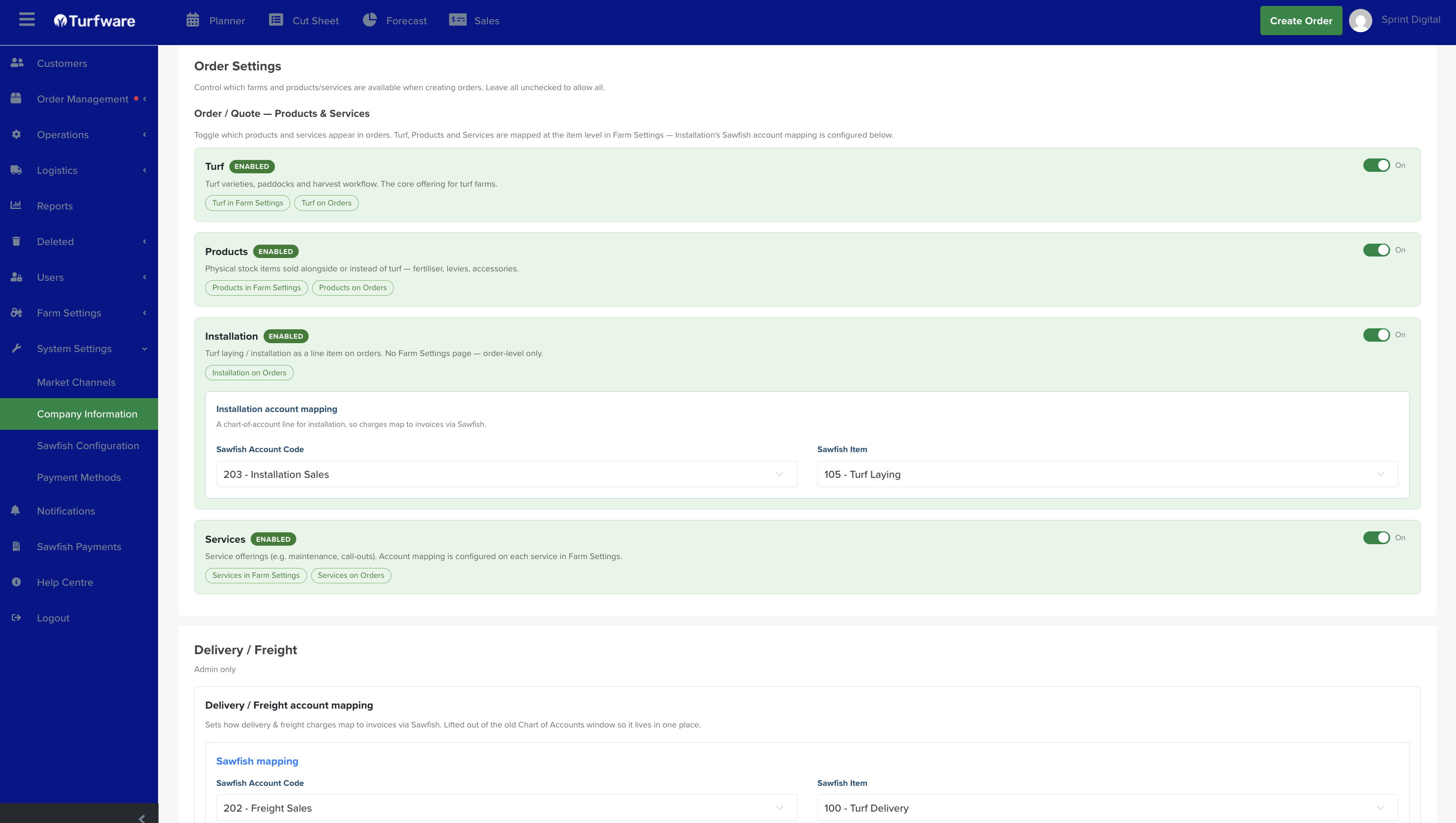Order Settings — product/service toggles and Installation / Freight Sawfish mapping