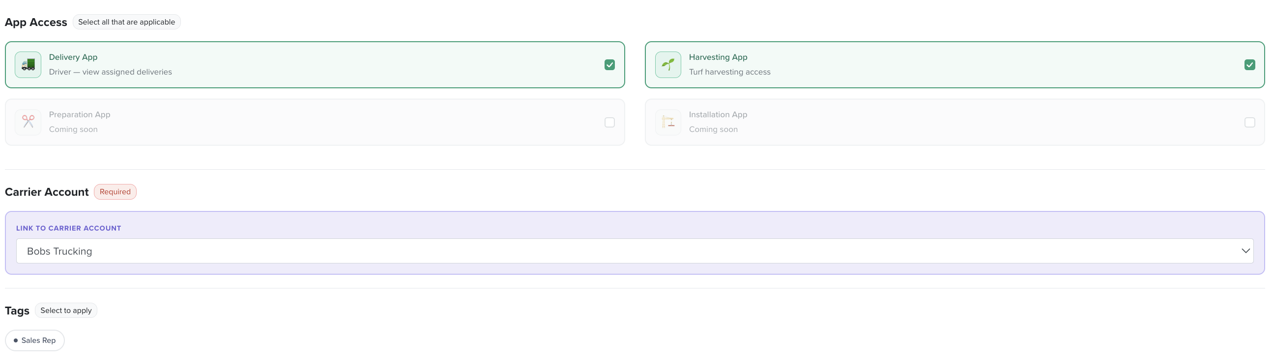 App Access — Delivery and Harvesting apps, with Preparation and Installation coming soon