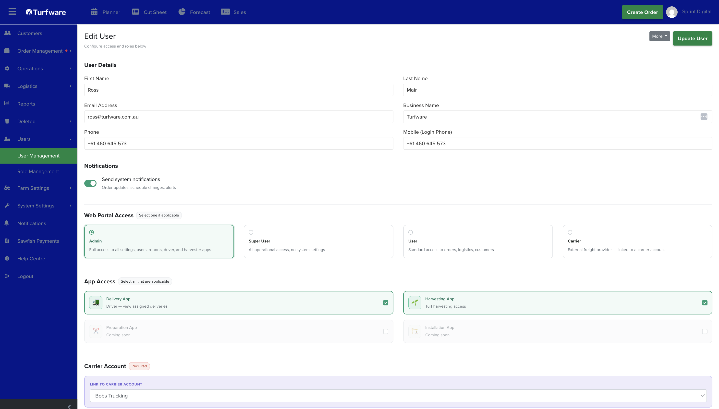 The Create / Edit User screen — details, access and tags
