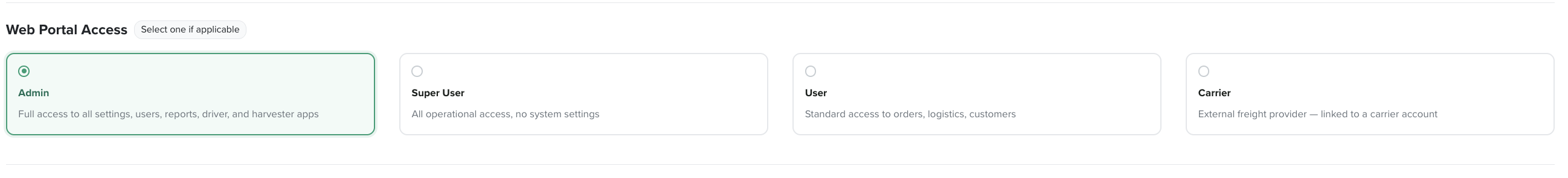 Web Portal Access — Admin, Super User, User and Carrier