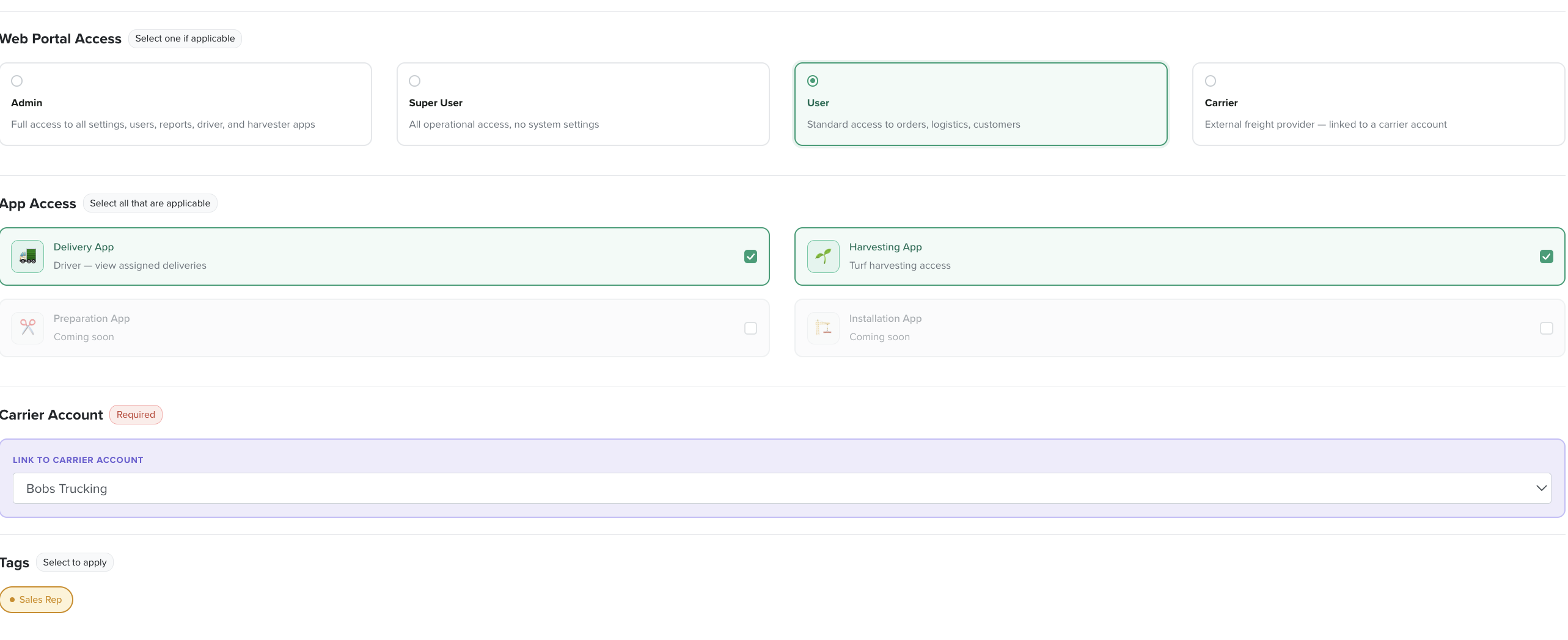 The access sections on a user record — Web Portal Access, App Access, Carrier Account and Tags